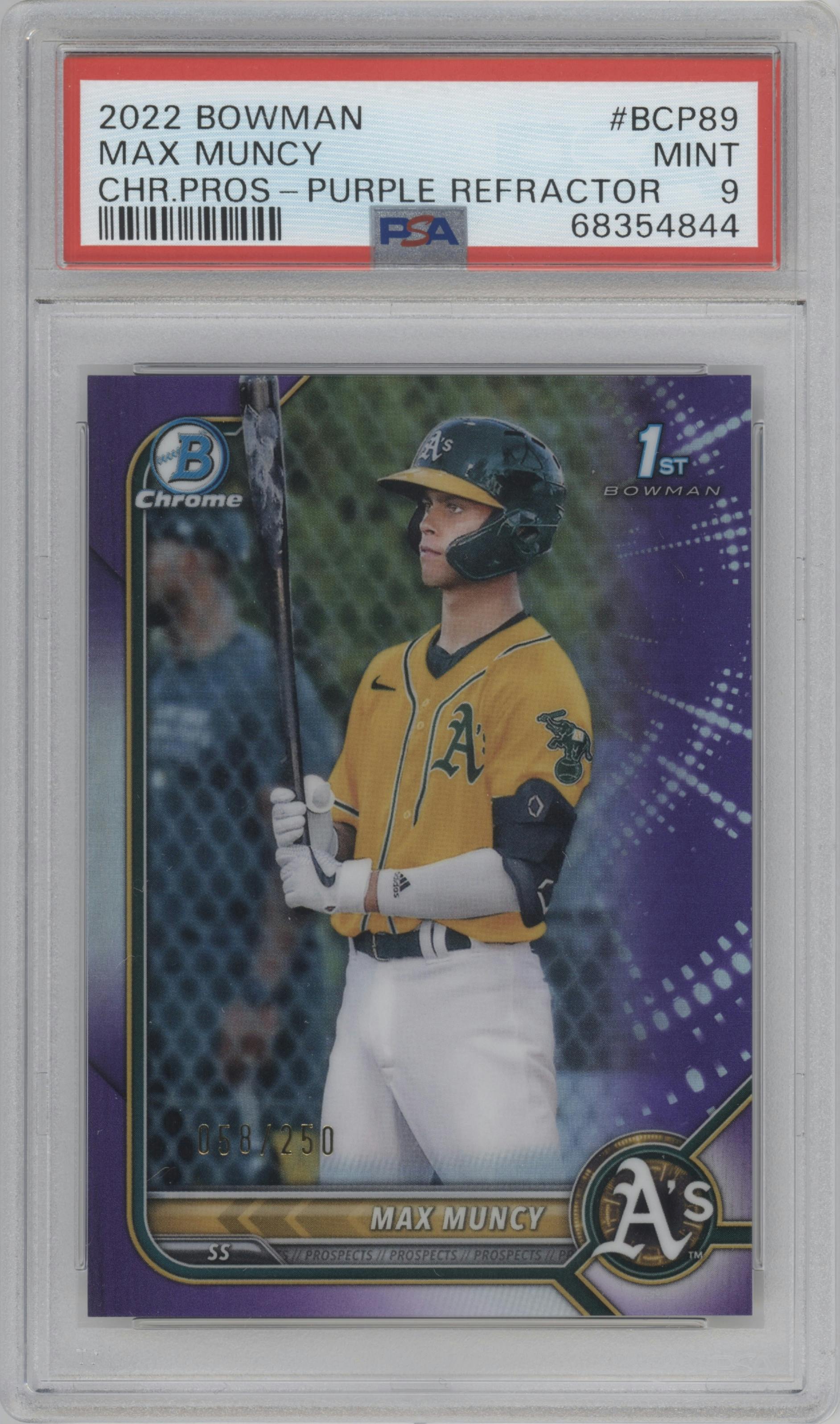 Max Muncy from the 2022 Bowman set featuring a Purple Refractor  parallel graded by PSA and given an overall grade of 9.