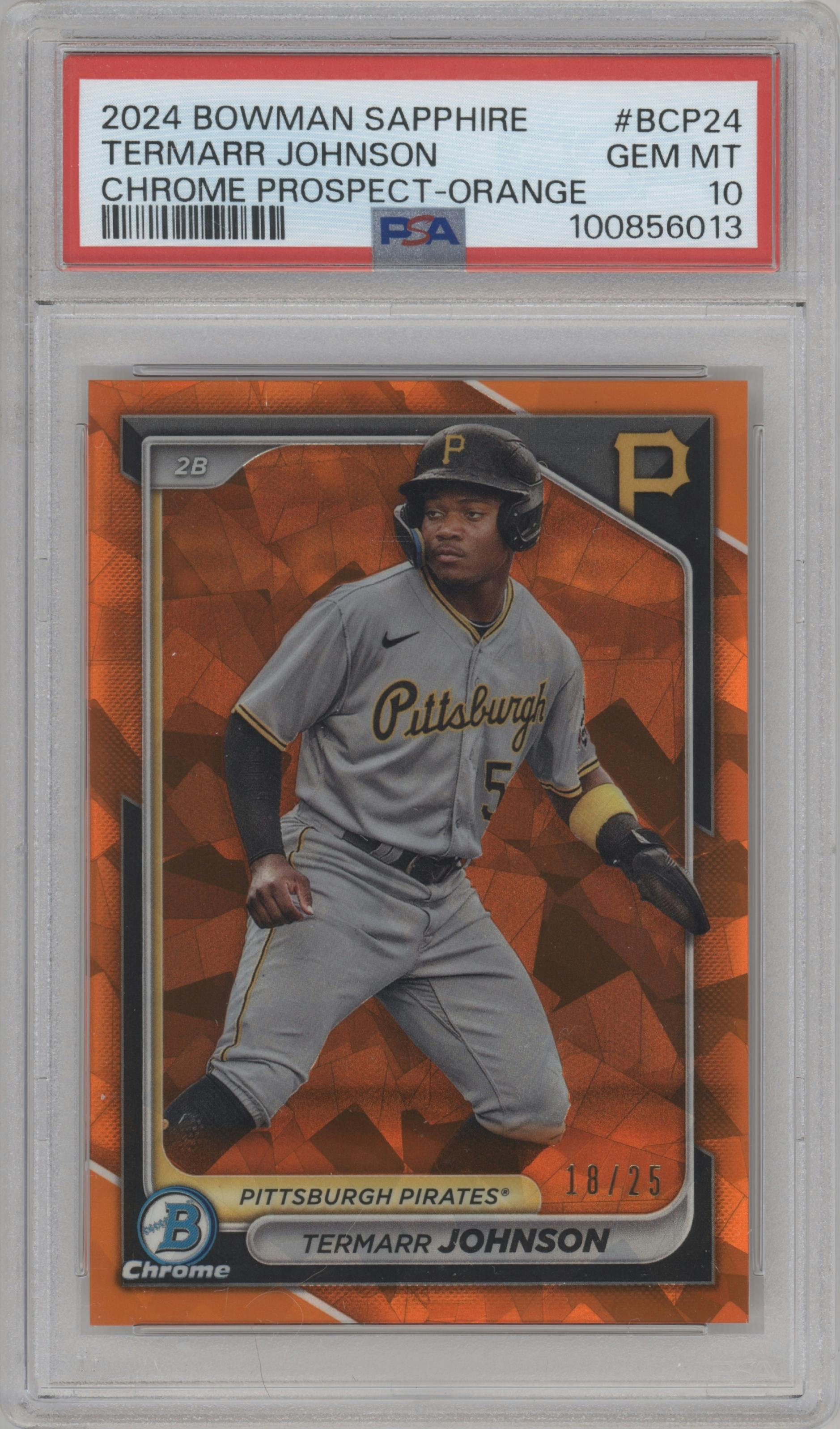 Termarr Johnson from the 2024 Bowman Sapphire Edition set featuring a Orange parallel graded by PSA and given an overall grade of 10.