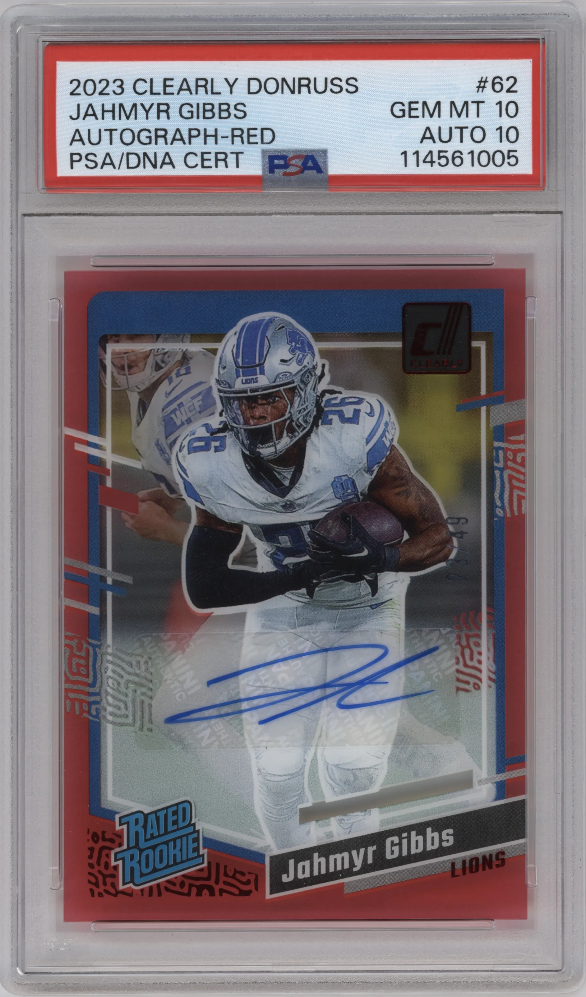 Jahmyr Gibbs from the 2023 Clearly Donruss set featuring a Red parallel graded by PSA and given an overall grade of 10.