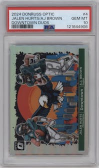 Jalen Hurts/A.J. Brown from the 2024 Donruss Optic set graded by PSA and given an overall grade of 10.