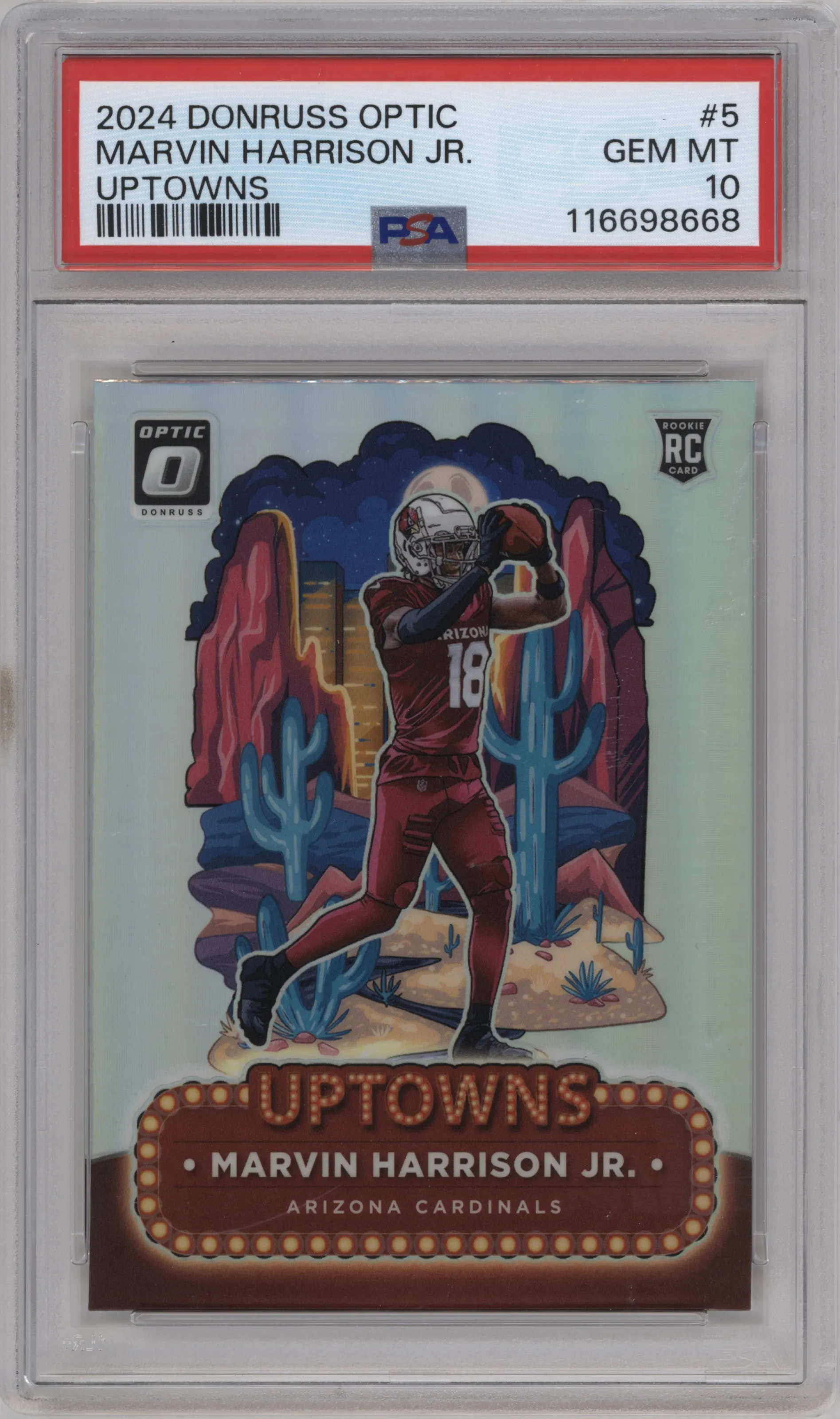 Marvin Harrison Jr. from the 2024 Donruss Optic set graded by PSA and given an overall grade of 10.