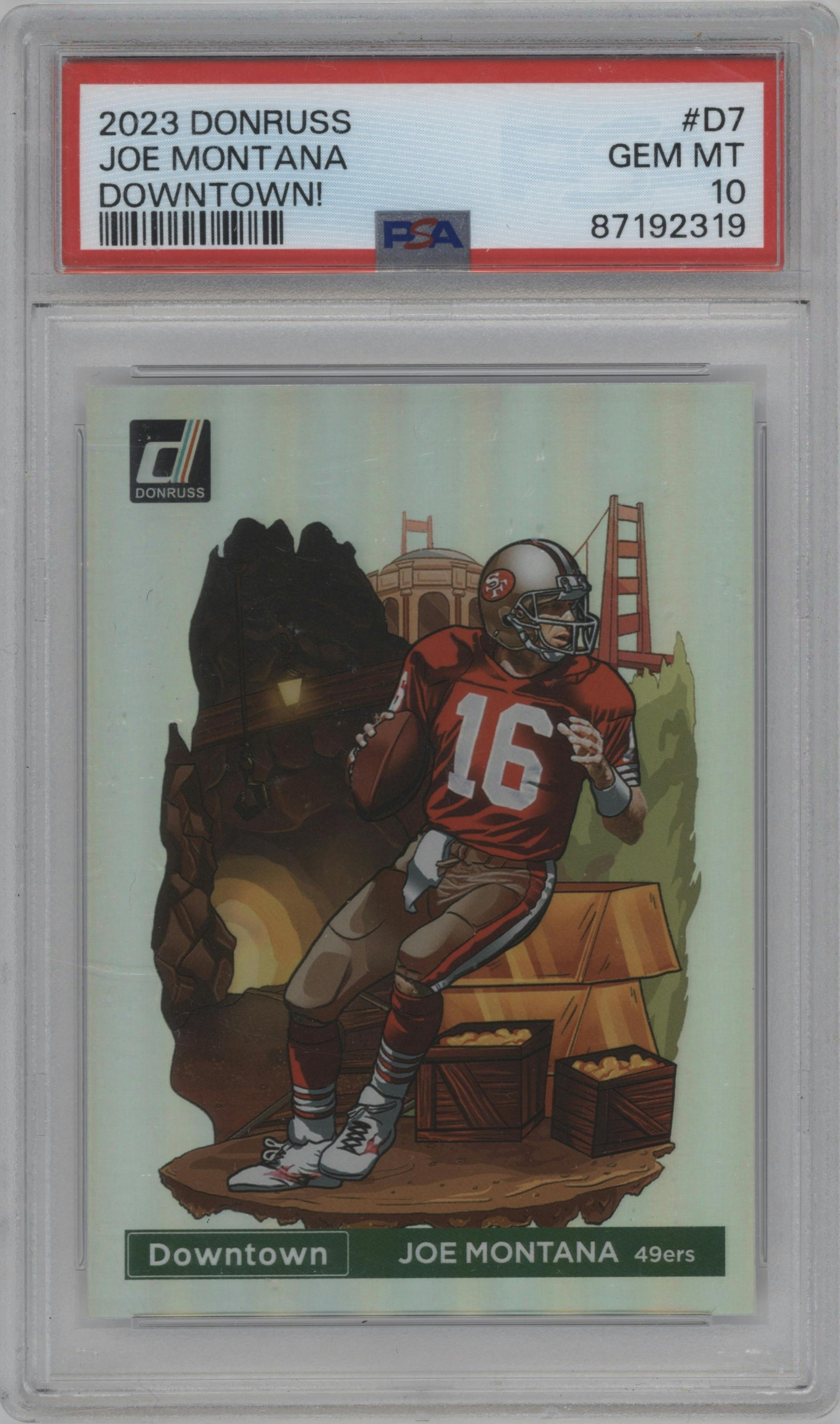Joe Montana from the 2023 Panini Donruss set graded by PSA and given an overall grade of 10.