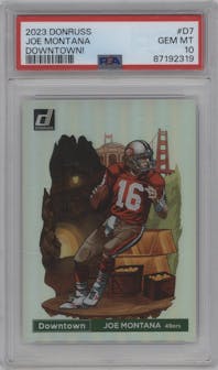 Joe Montana from the 2023 Panini Donruss set graded by PSA and given an overall grade of 10.