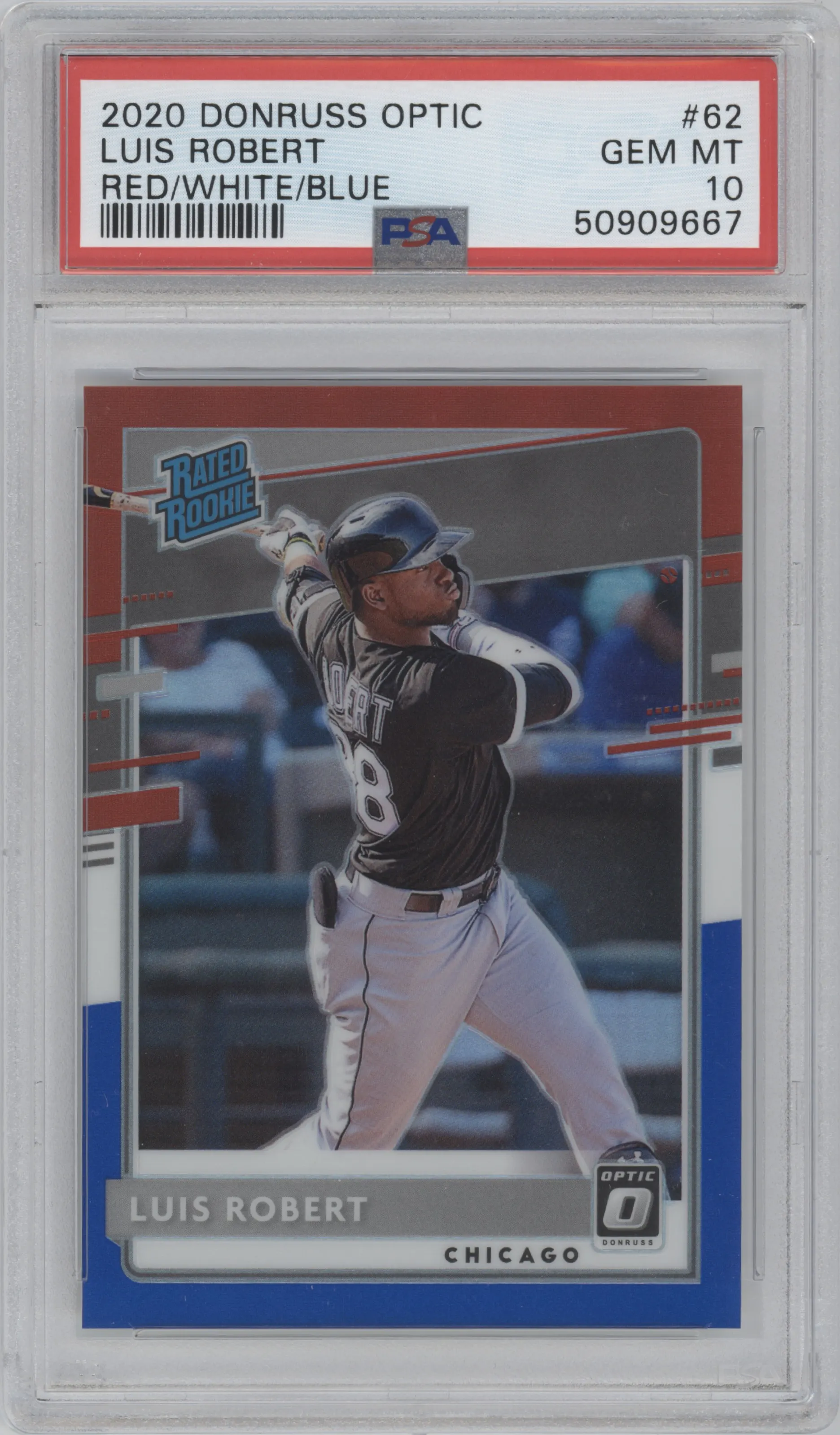 2020 Panini Donruss Optic Rated Rookie Luis Robert Red/White/Blue Prizm PSA 10