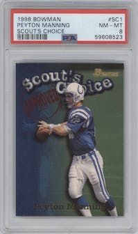 Peyton Manning from the 1998 Bowman set graded by PSA and given an overall grade of 8.