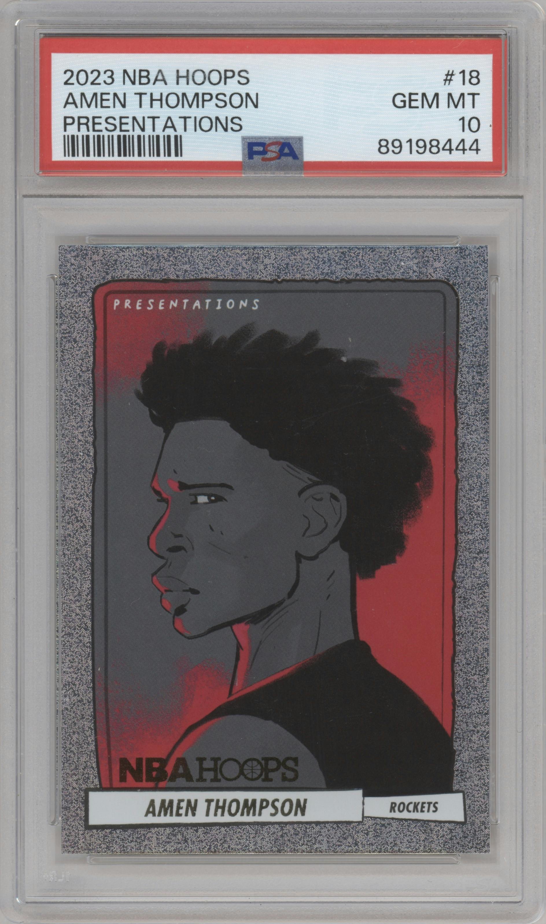Amen Thompson from the 2023-24 Panini NBA Hoops set graded by PSA and given an overall grade of 10.