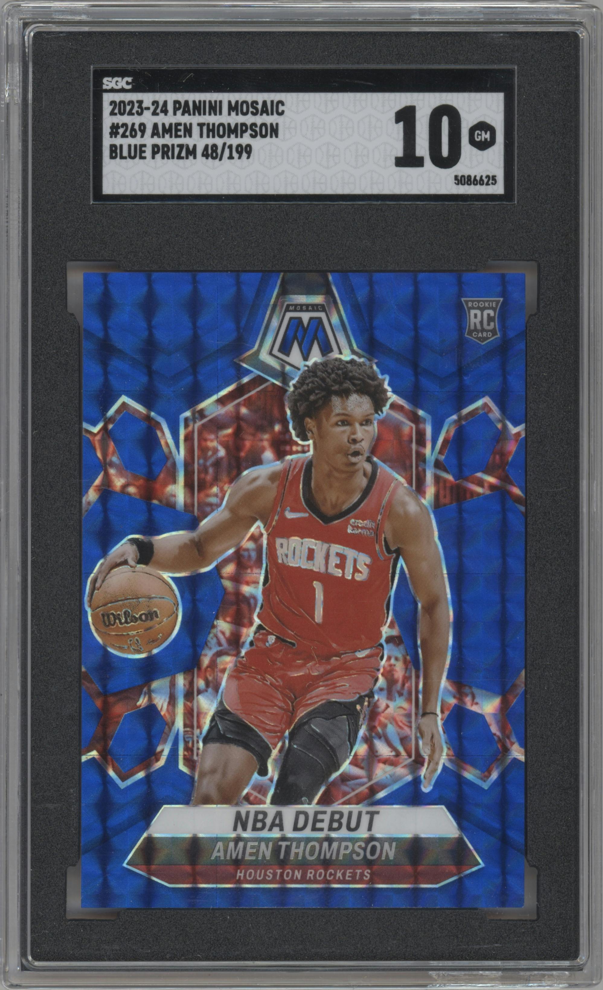 Amen Thompson from the 2023-24 Panini Mosaic set featuring a Blue Mosaic parallel graded by SGC and given an overall grade of 10.