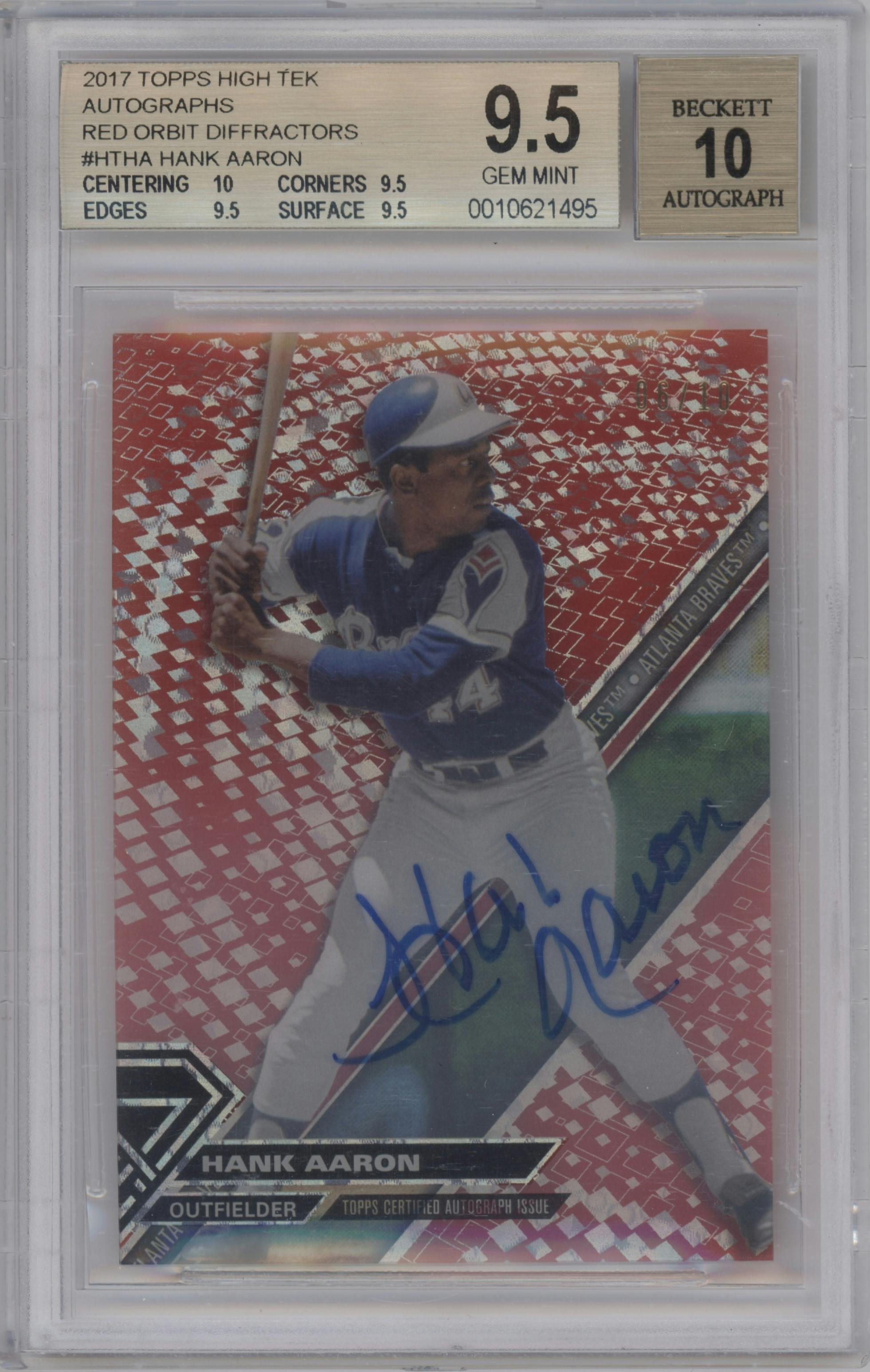 Hank Aaron from the 2017 Topps High Tek set featuring a Red Orbit Diffractor parallel graded by Beckett and given an overall grade of 9.5.