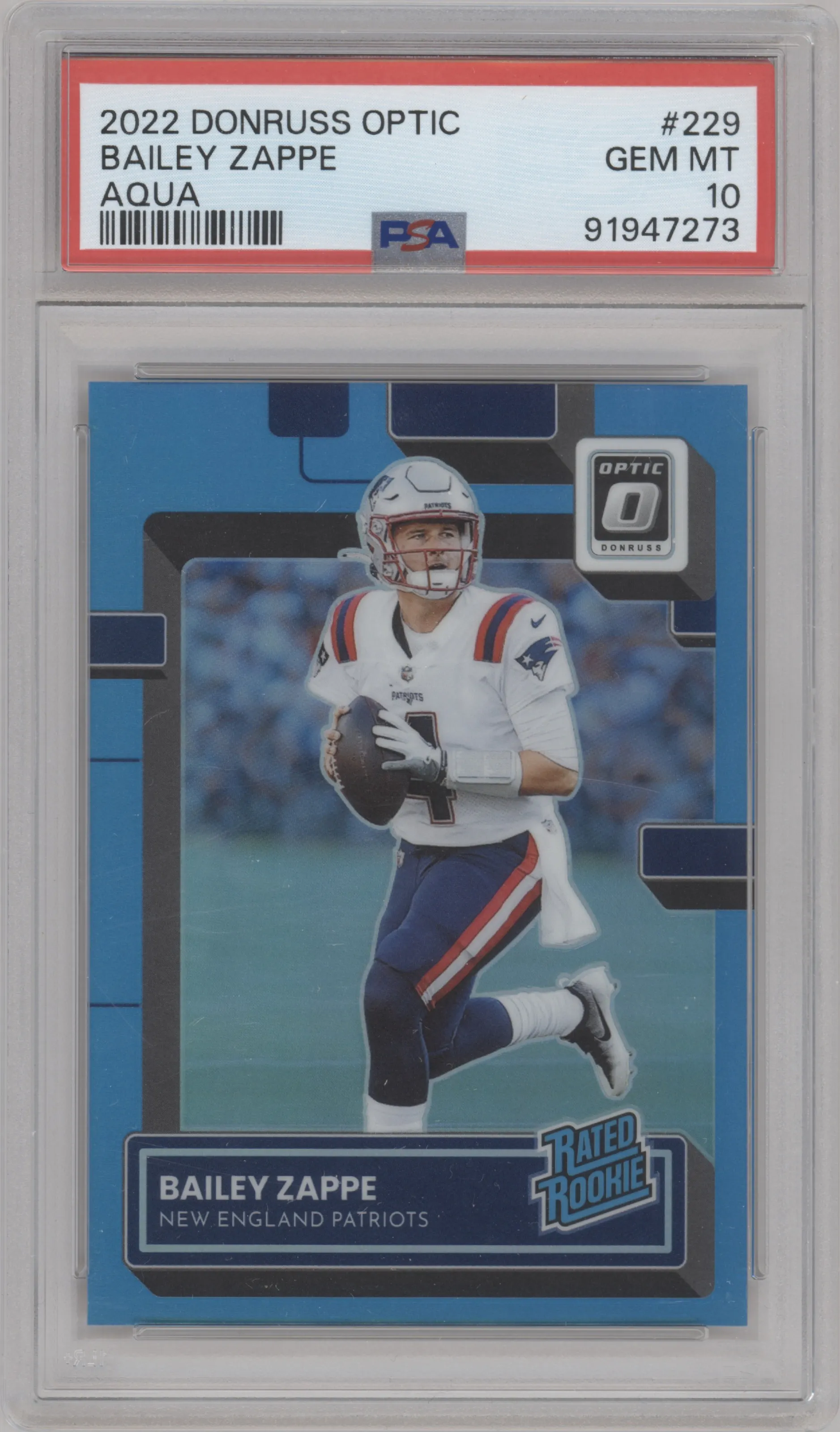 2022 Panini Donruss Optic Rated Rookie Bailey Zappe Aqua PSA 10