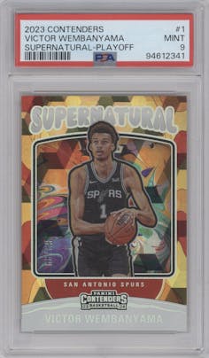 Victor Wembanyama from the 2023-24 Panini Contenders set featuring a Playoff Ticket parallel graded by PSA and given an overall grade of 9.