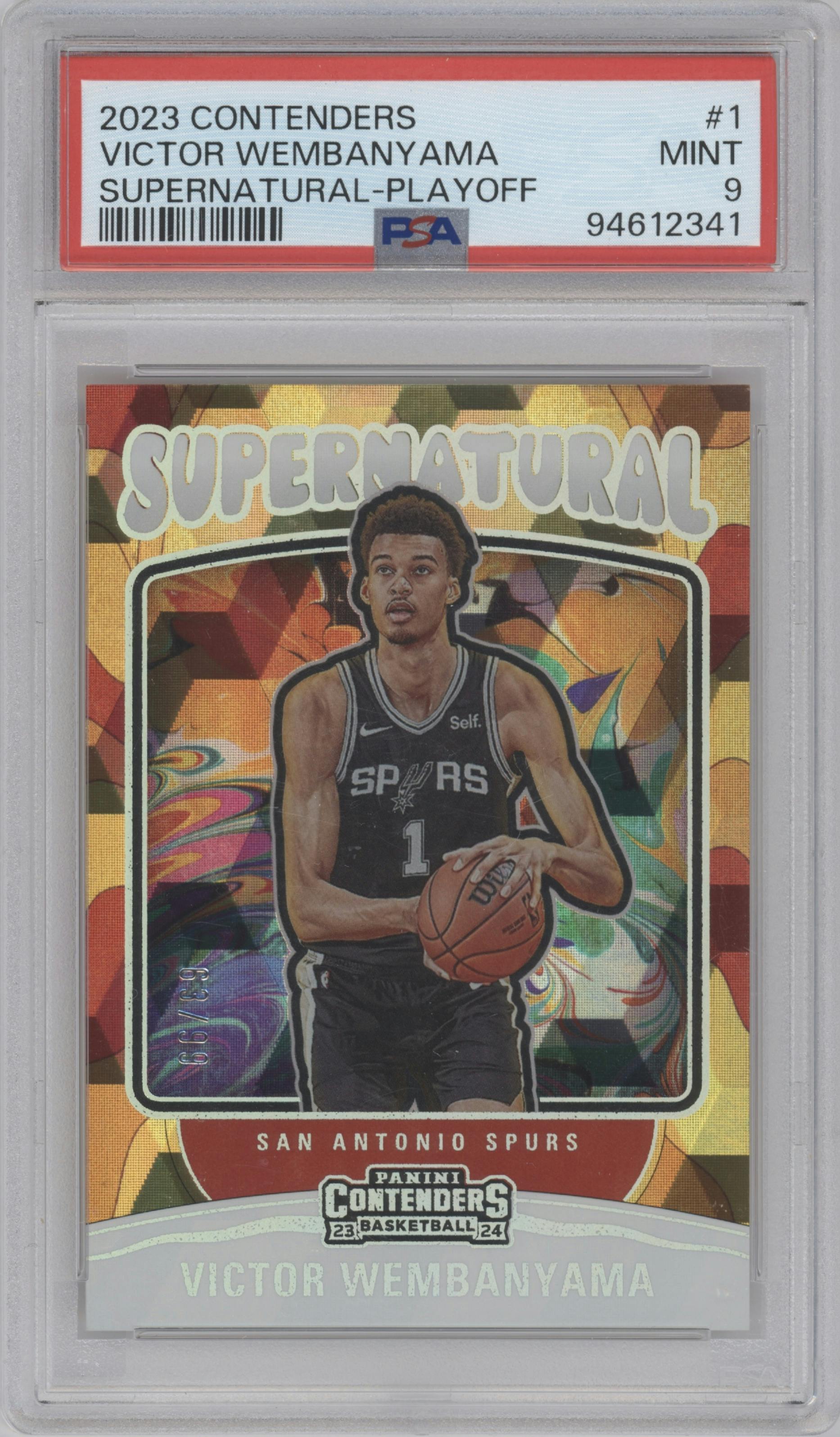 Victor Wembanyama from the 2023-24 Panini Contenders set featuring a Playoff Ticket parallel graded by PSA and given an overall grade of 9.