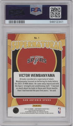 Victor Wembanyama from the 2023-24 Panini Contenders set featuring a Playoff Ticket parallel graded by PSA and given an overall grade of 9.