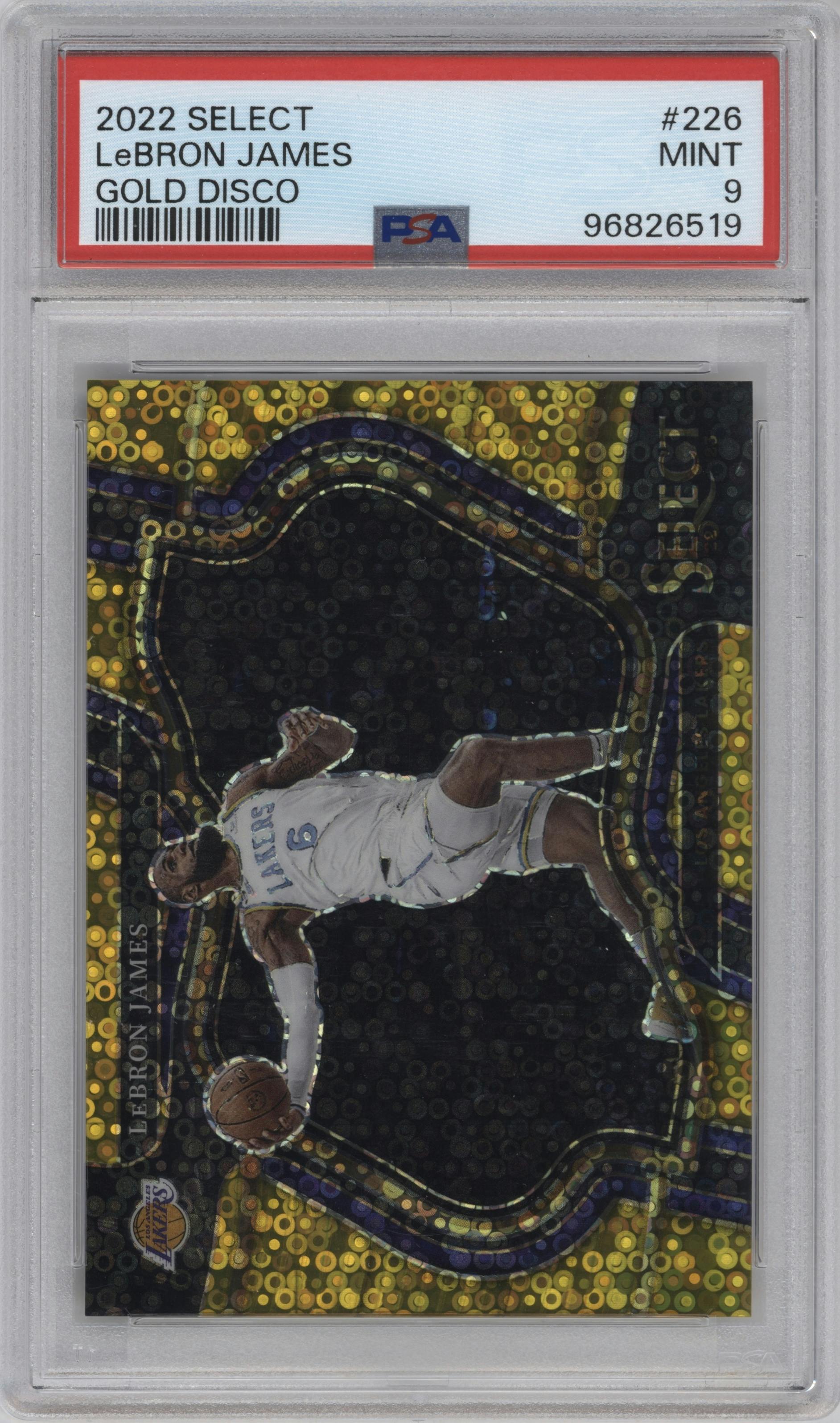  LeBron James  from the 2022-23 Panini Select set featuring a Disco Gold parallel graded by PSA and given an overall grade of 9.