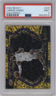 LeBron James from the 2022-23 Panini Select set featuring a Disco Gold parallel graded by PSA and given an overall grade of 9.