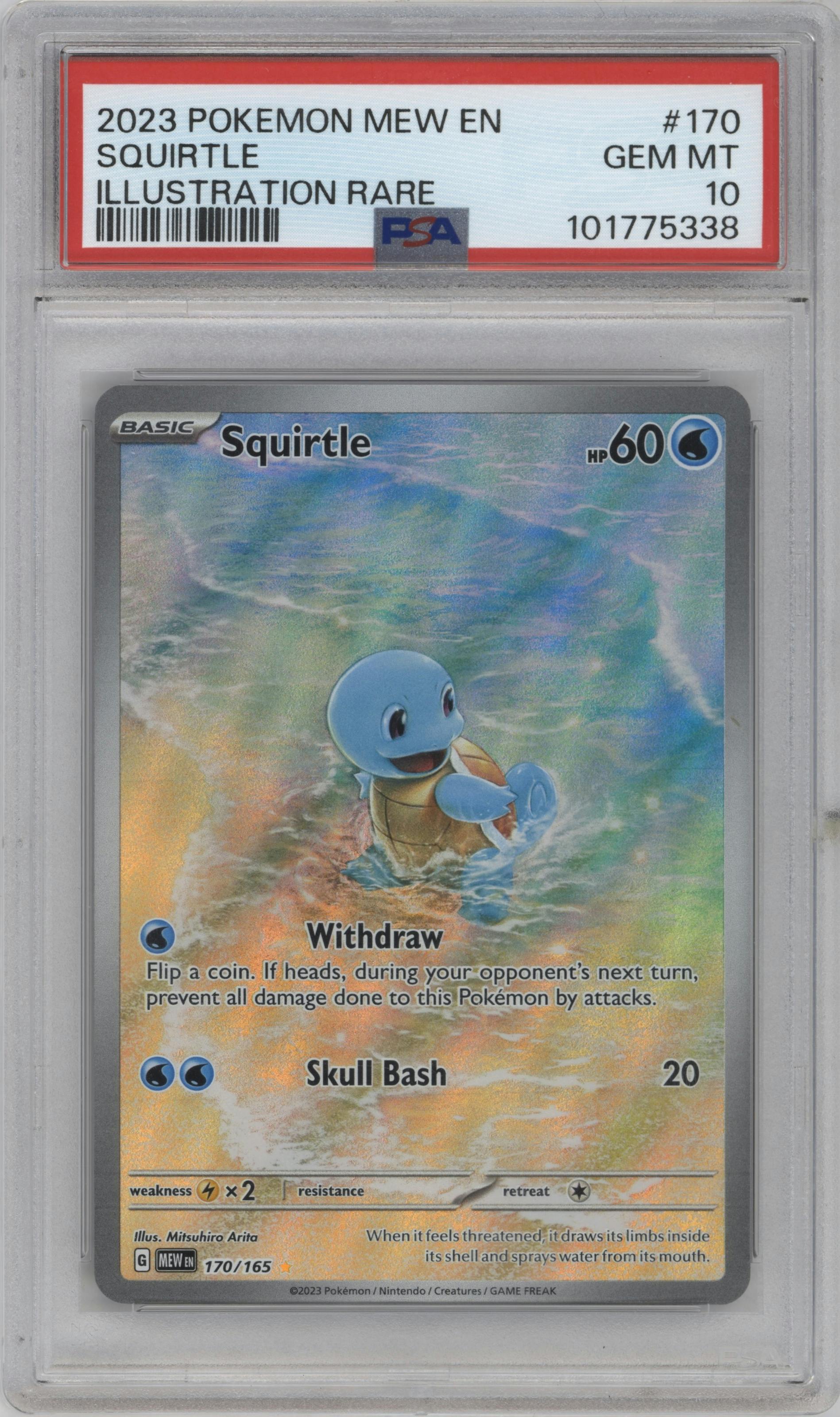 Squirtle from the 2023 Pokemon SV set graded by PSA and given an overall grade of 10.
