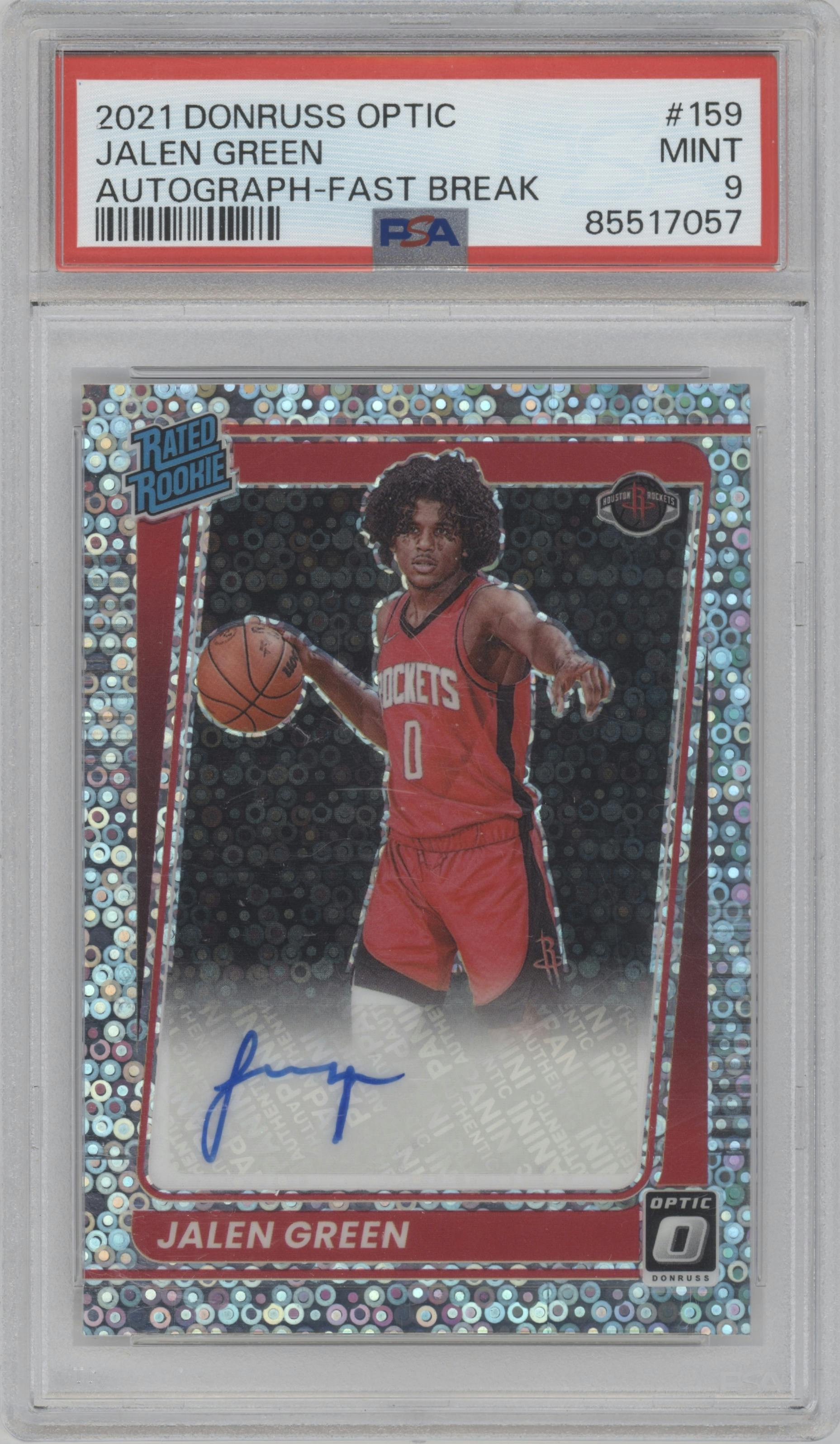 Jalen Green from the 2021-22 Panini Donruss Optic set featuring a Fast Break parallel graded by PSA and given an overall grade of 9.