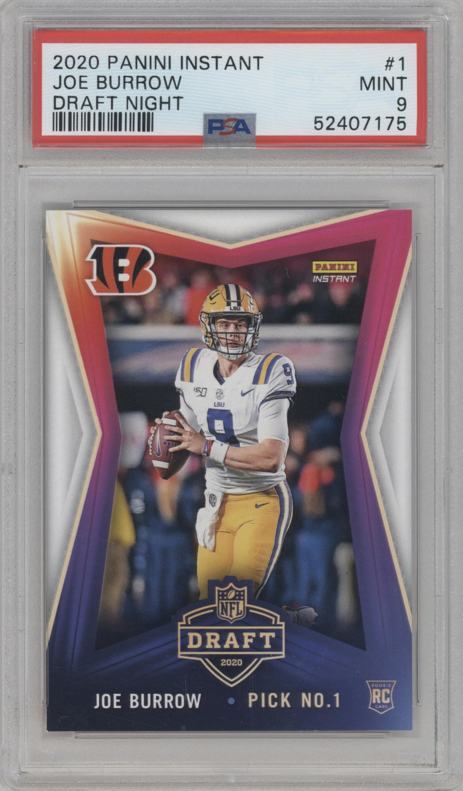 Joe Burrow from the 2020 Panini Instant NFL Draft Night set graded by PSA and given an overall grade of 9.
