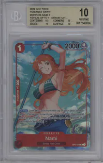 Nami from the 2022 One Piece set featuring a Alternate Art parallel graded by Beckett and given an overall grade of 10.
