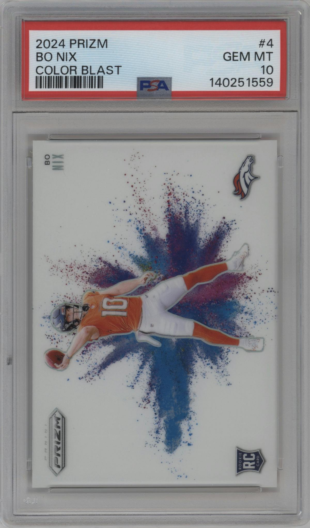 Bo Nix from the 2024 Panini Prizm set graded by PSA and given an overall grade of 10.