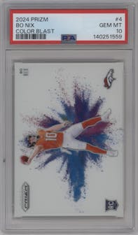 Bo Nix from the 2024 Panini Prizm set graded by PSA and given an overall grade of 10.