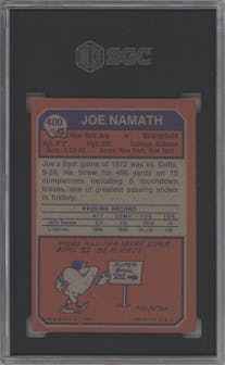Joe Namath from the 1973 Topps set graded by SGC and given an overall grade of 5.