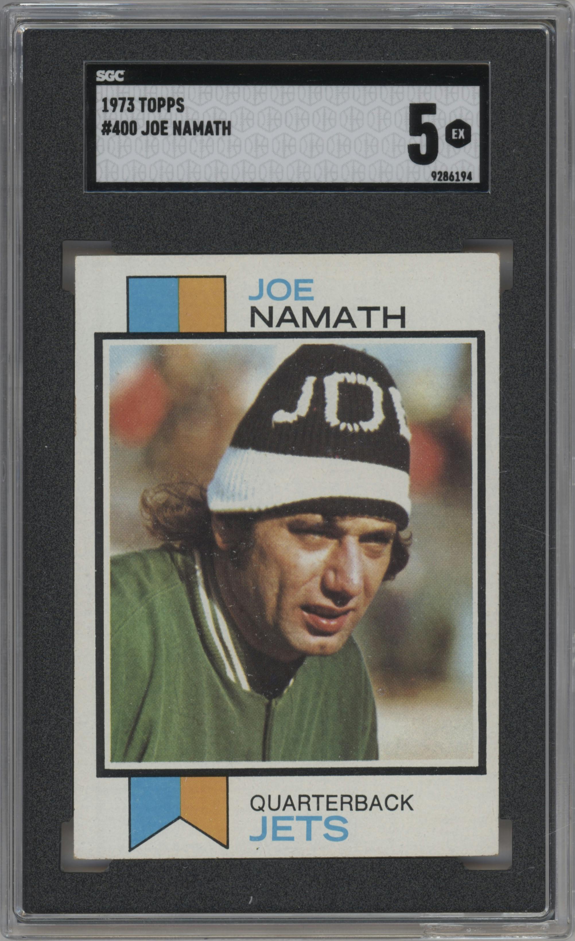 Joe Namath from the 1973 Topps set graded by SGC and given an overall grade of 5.