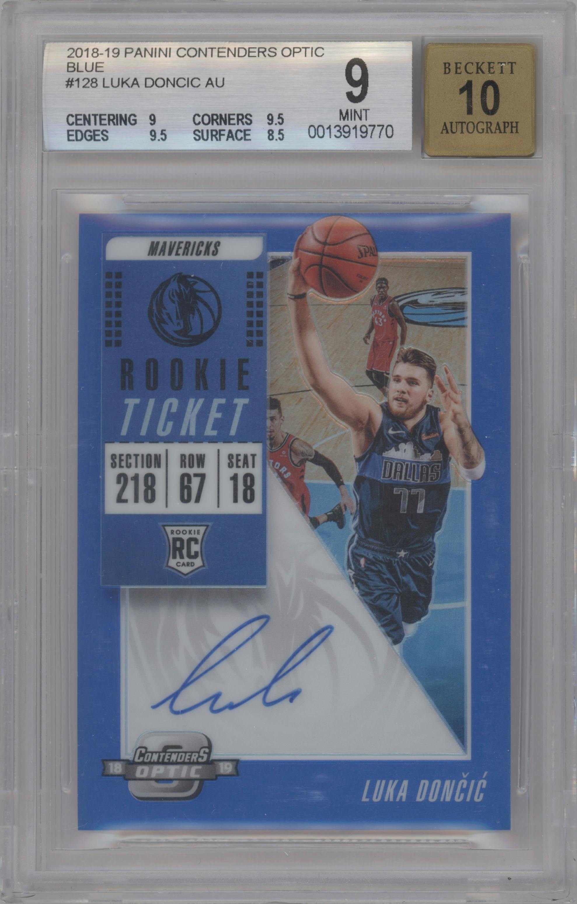 Luka Doncic from the 2018-19 Panini Contenders Optic set featuring a Blue parallel graded by Beckett and given an overall grade of 9.