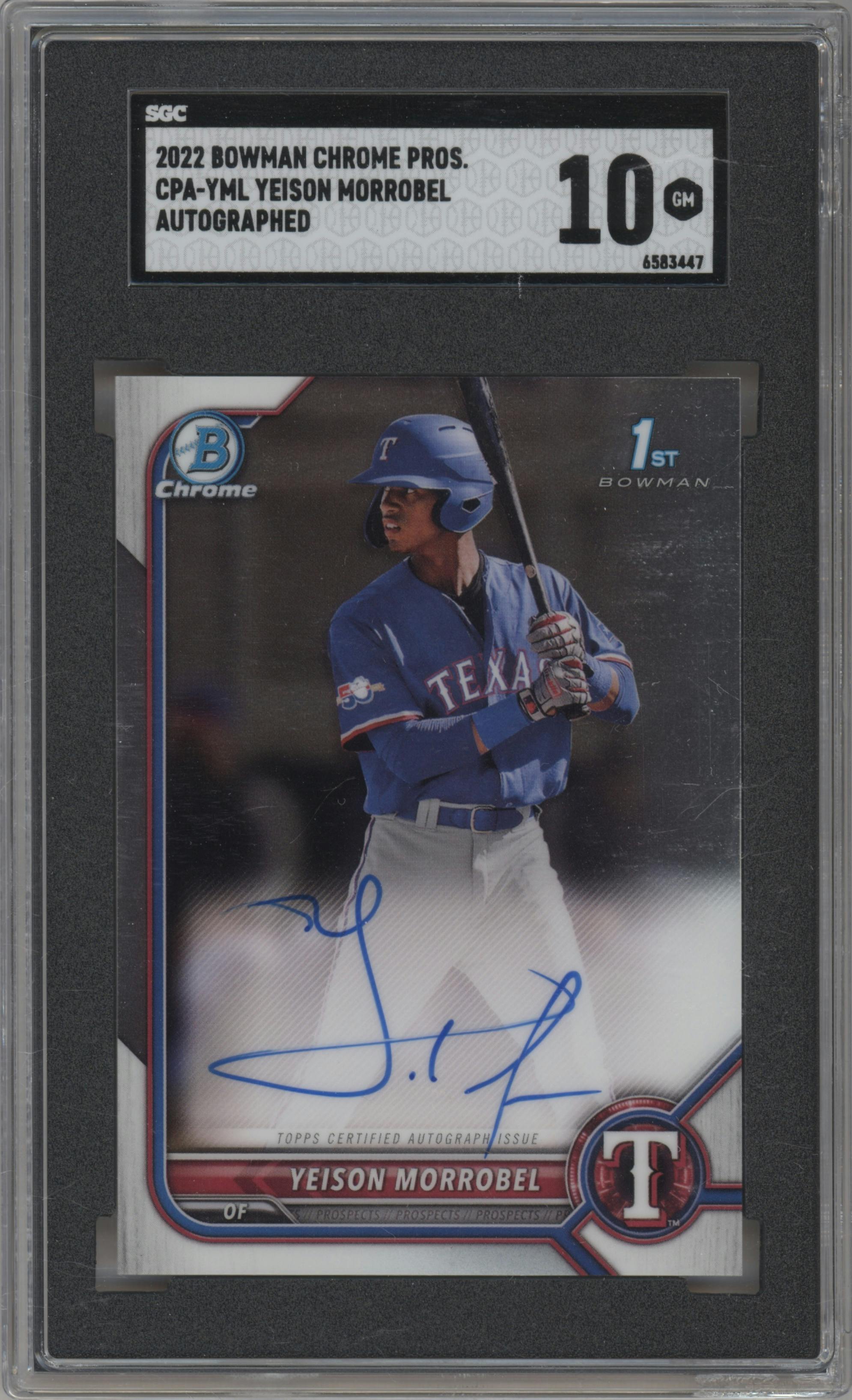 Yeison Morrobel from the 2022 Bowman Chrome set graded by SGC and given an overall grade of 10.