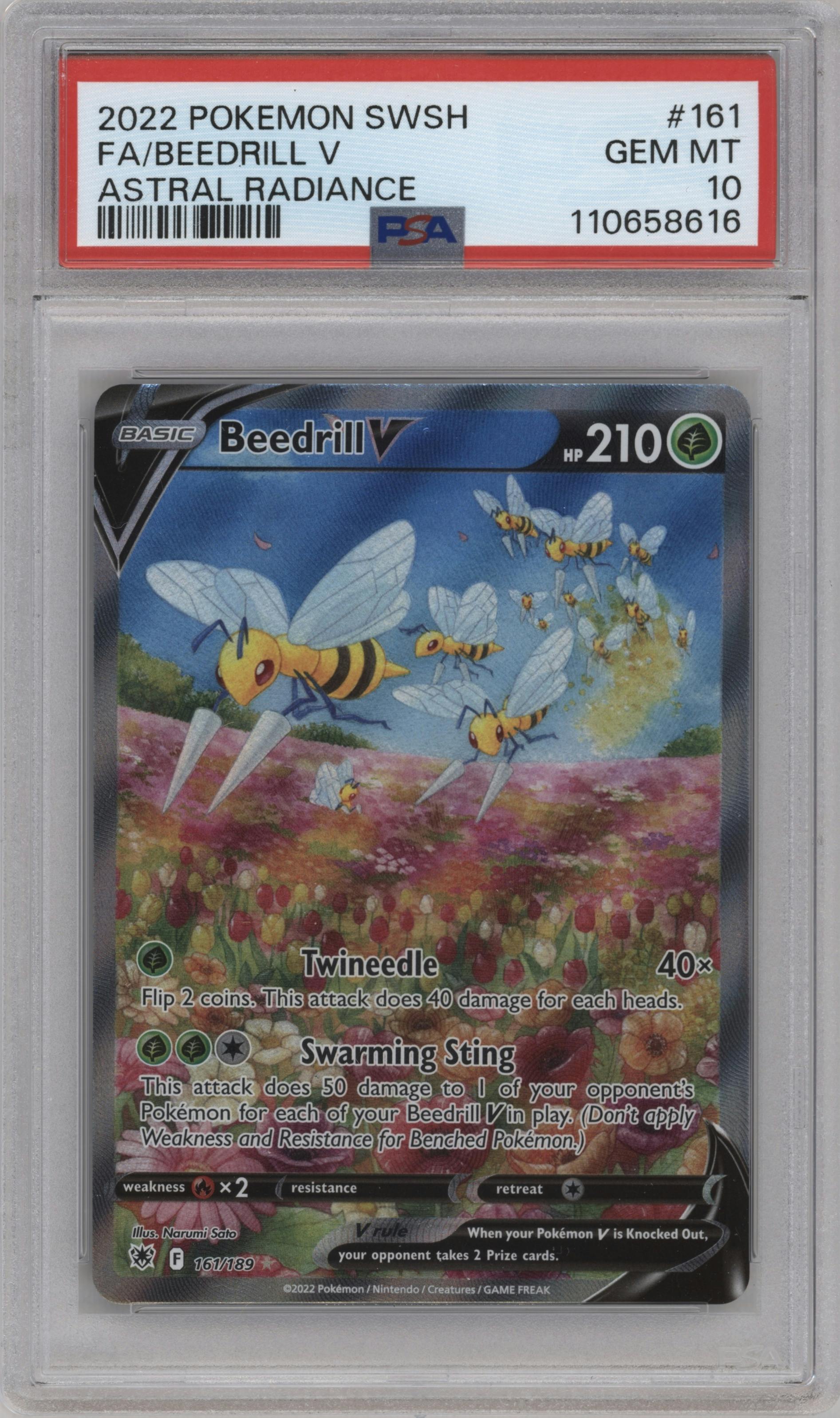 Beedrill V from the 2022 Pokemon SWSH set graded by PSA and given an overall grade of 10.