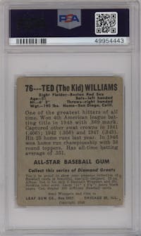 Ted Williams from the 1948-49 Leaf set graded by PSA and given an overall grade of 2.5.