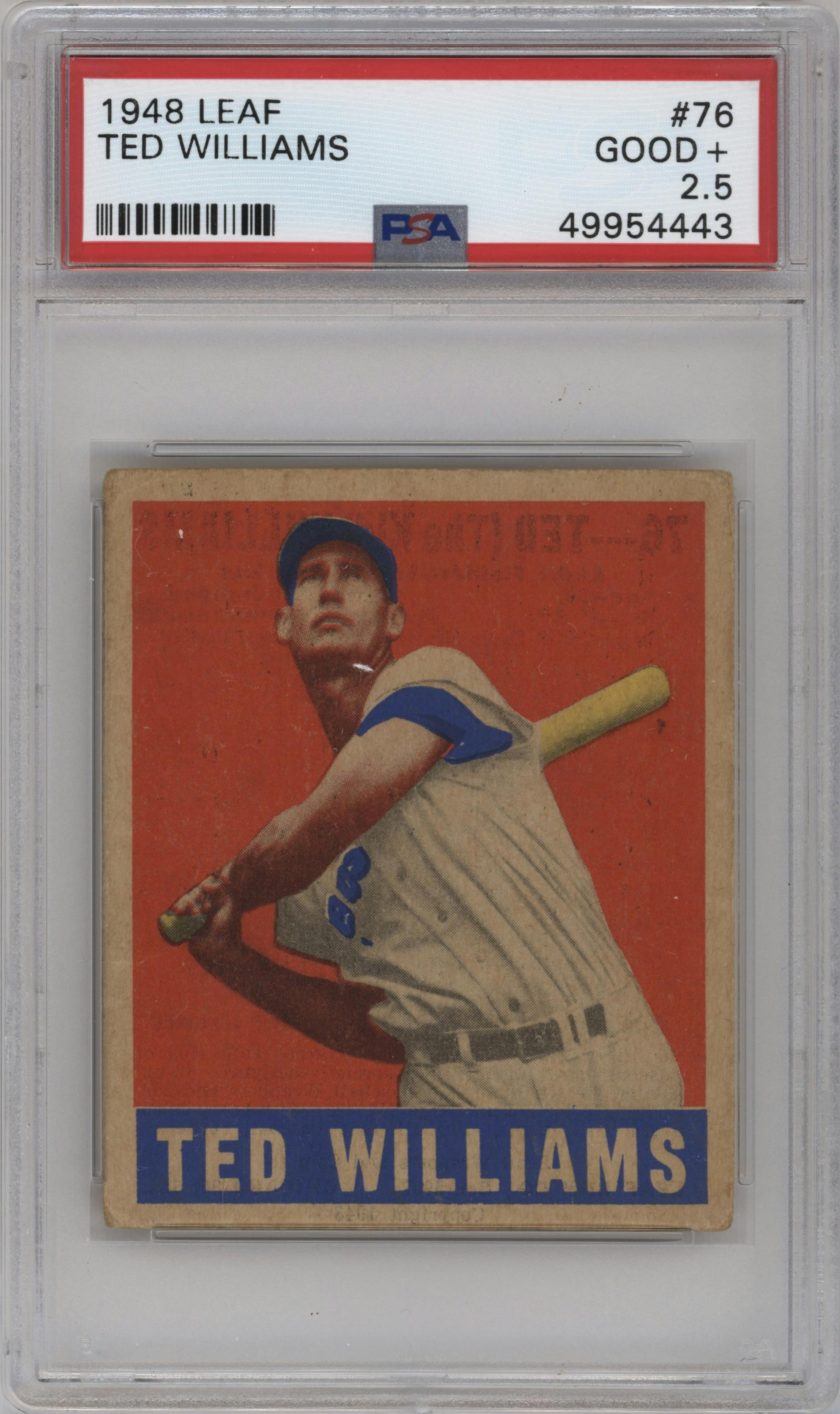 Ted Williams from the 1948-49 Leaf set graded by PSA and given an overall grade of 2.5.
