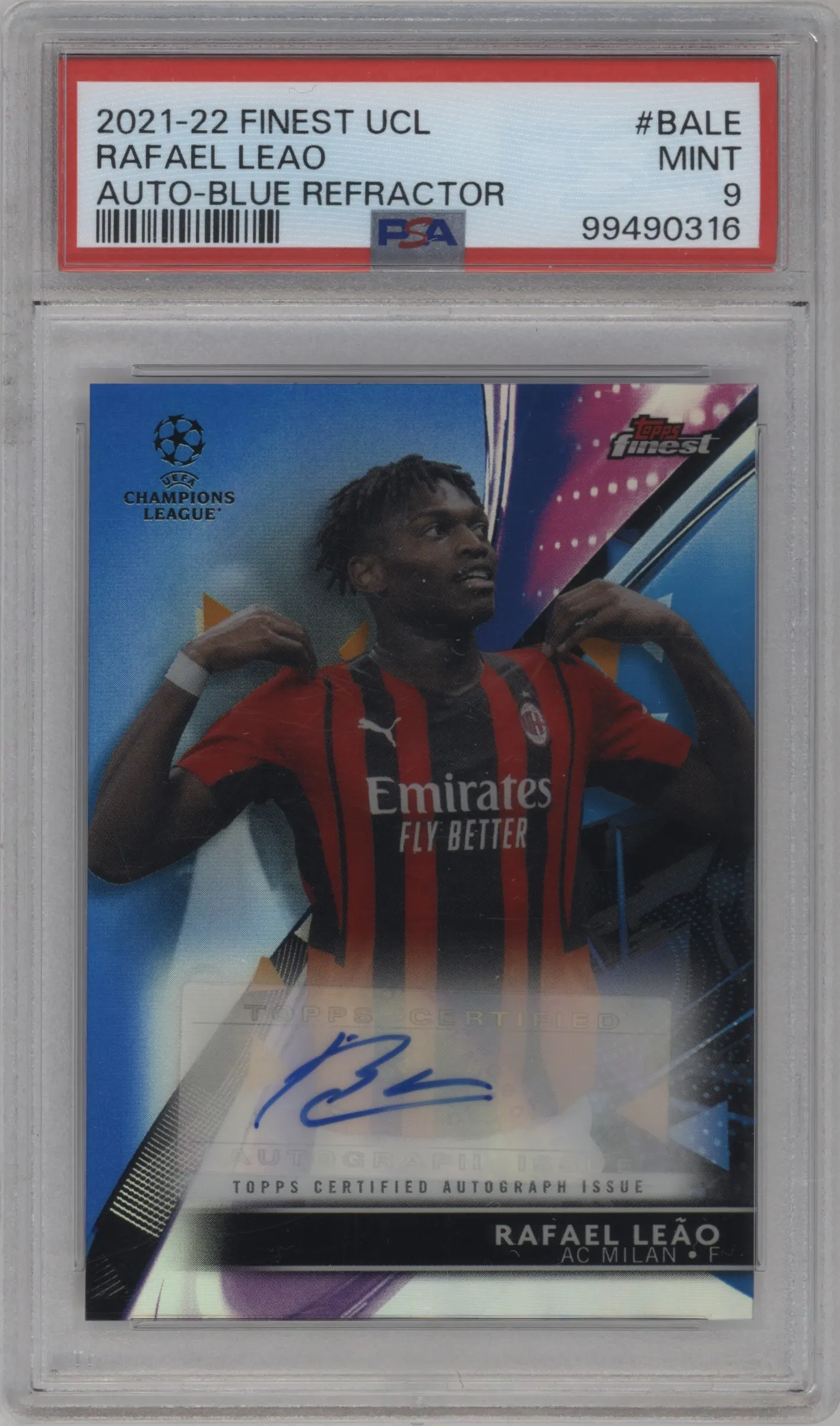 2021 Topps Finest UEFA Champions League Auto Rafael Leao Blue Refractor PSA 9