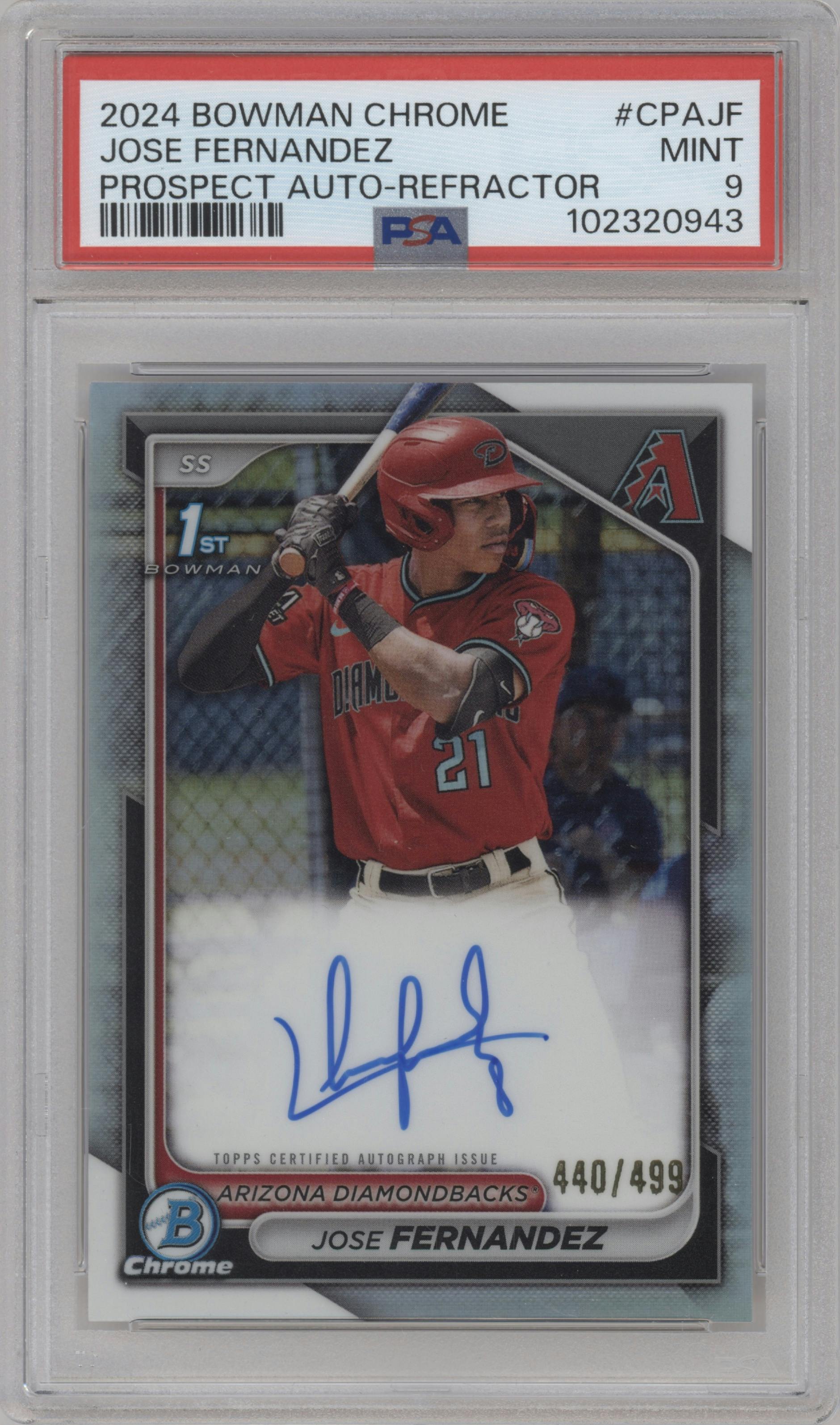 Jose Fernandez from the 2024 Bowman Chrome set featuring a Refractor parallel graded by PSA and given an overall grade of 9.