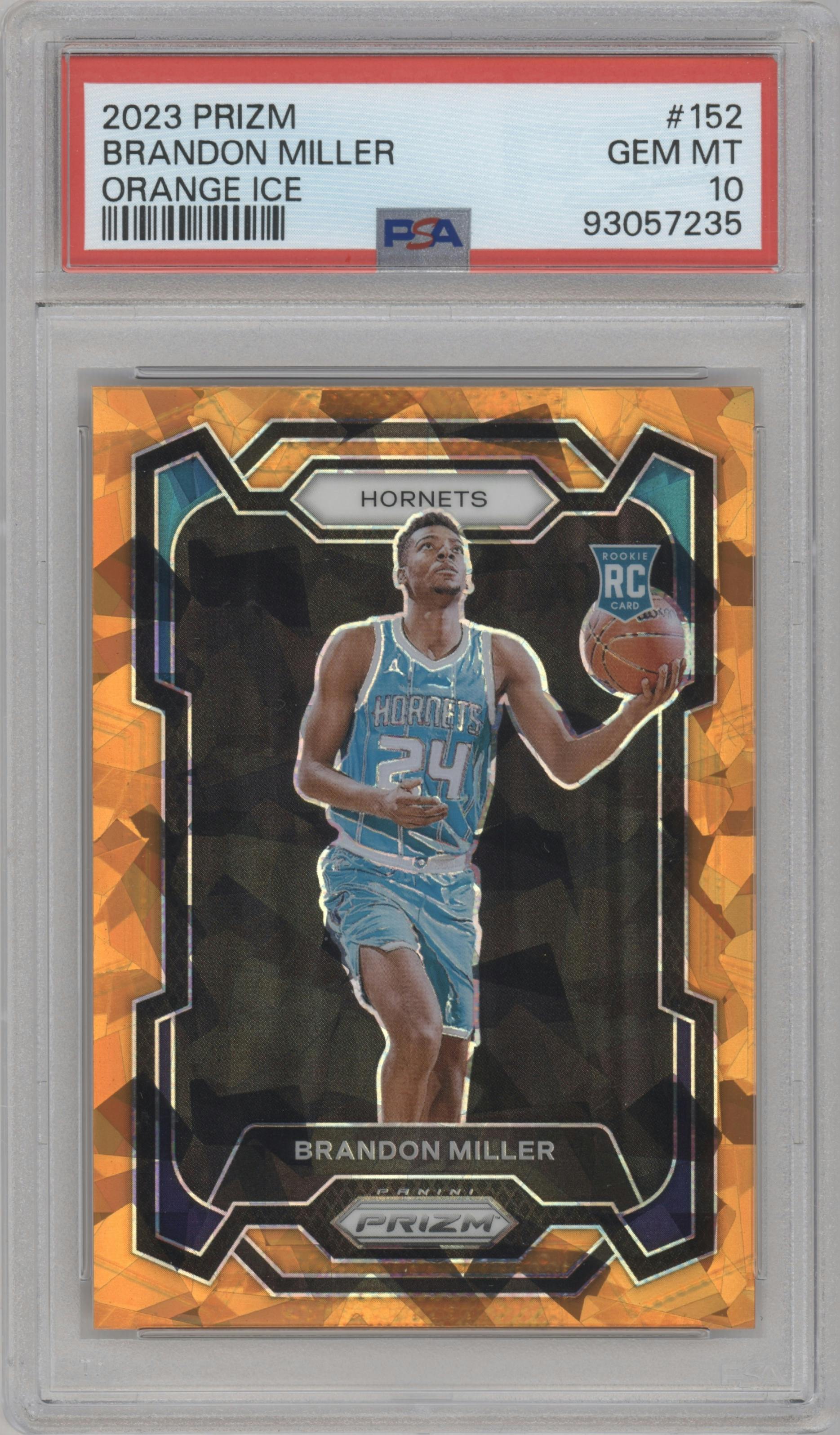 Brandon Miller from the 2023-24 Panini Prizm set featuring a Orange Ice parallel graded by PSA and given an overall grade of 10.