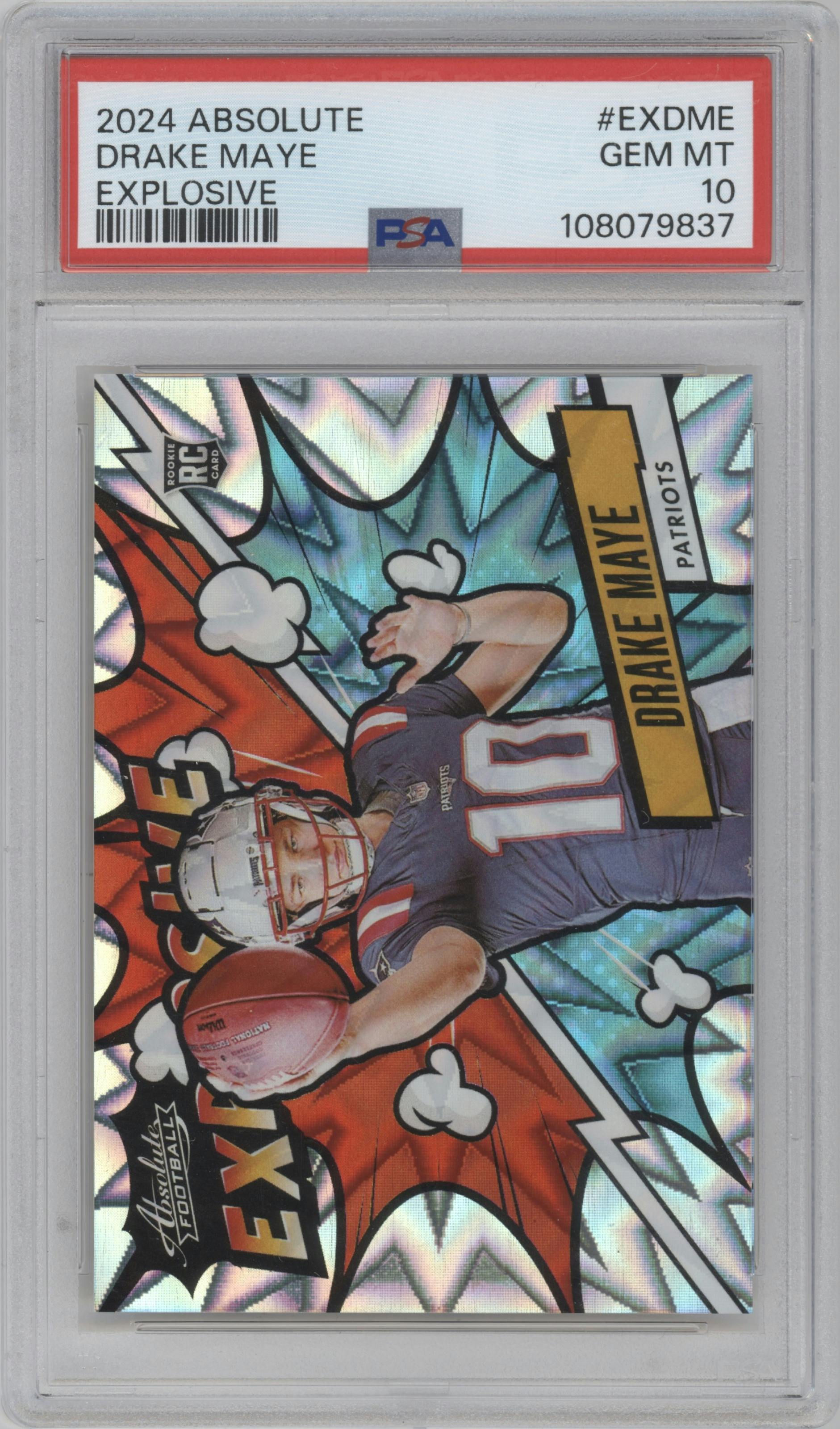 Drake Maye  from the 2024 Panini Absolute set graded by PSA and given an overall grade of 10.