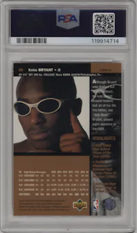 Kobe Bryant from the 1996-97 Upper Deck set graded by PSA and given an overall grade of 10.