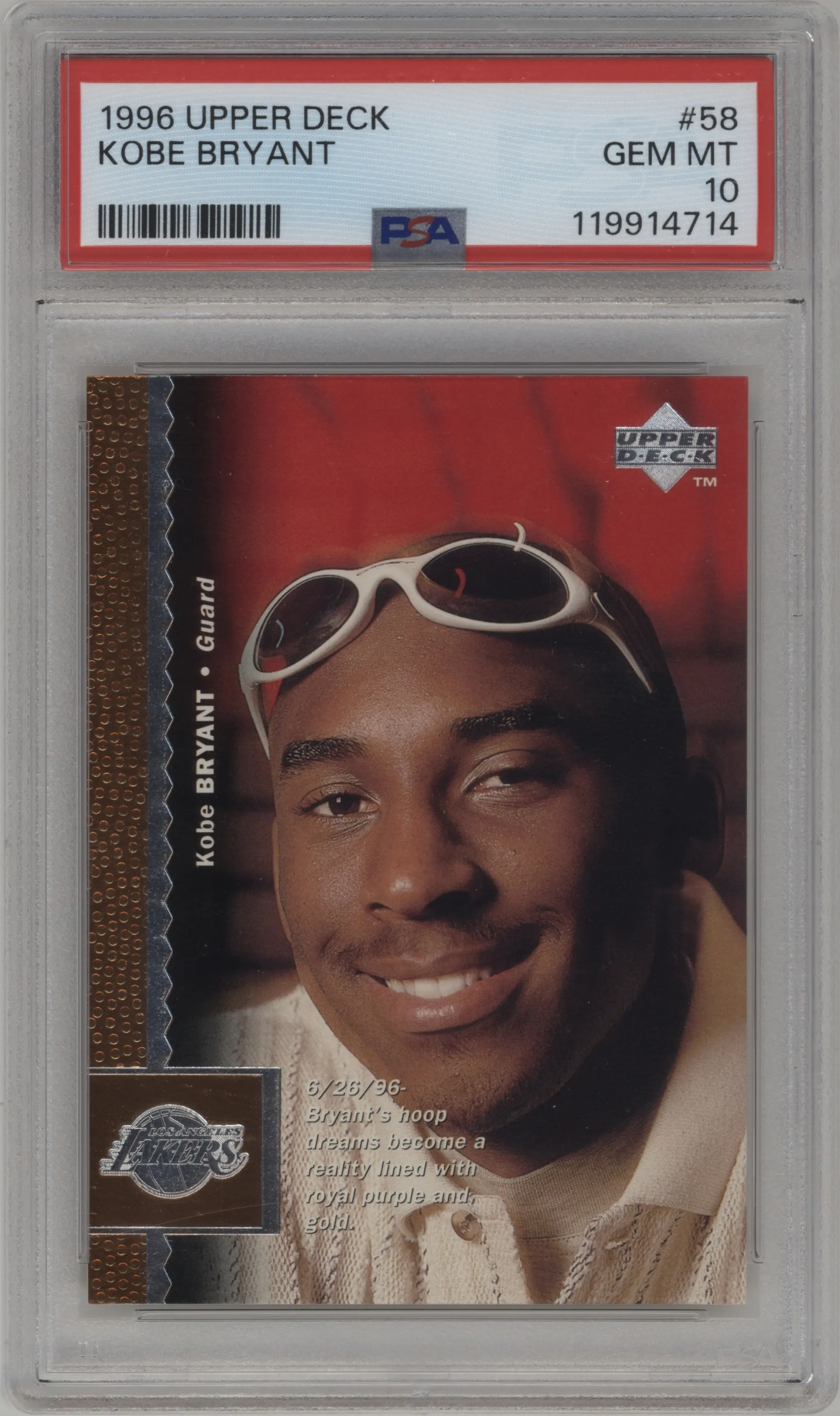 Kobe Bryant from the 1996-97 Upper Deck set graded by PSA and given an overall grade of 10.