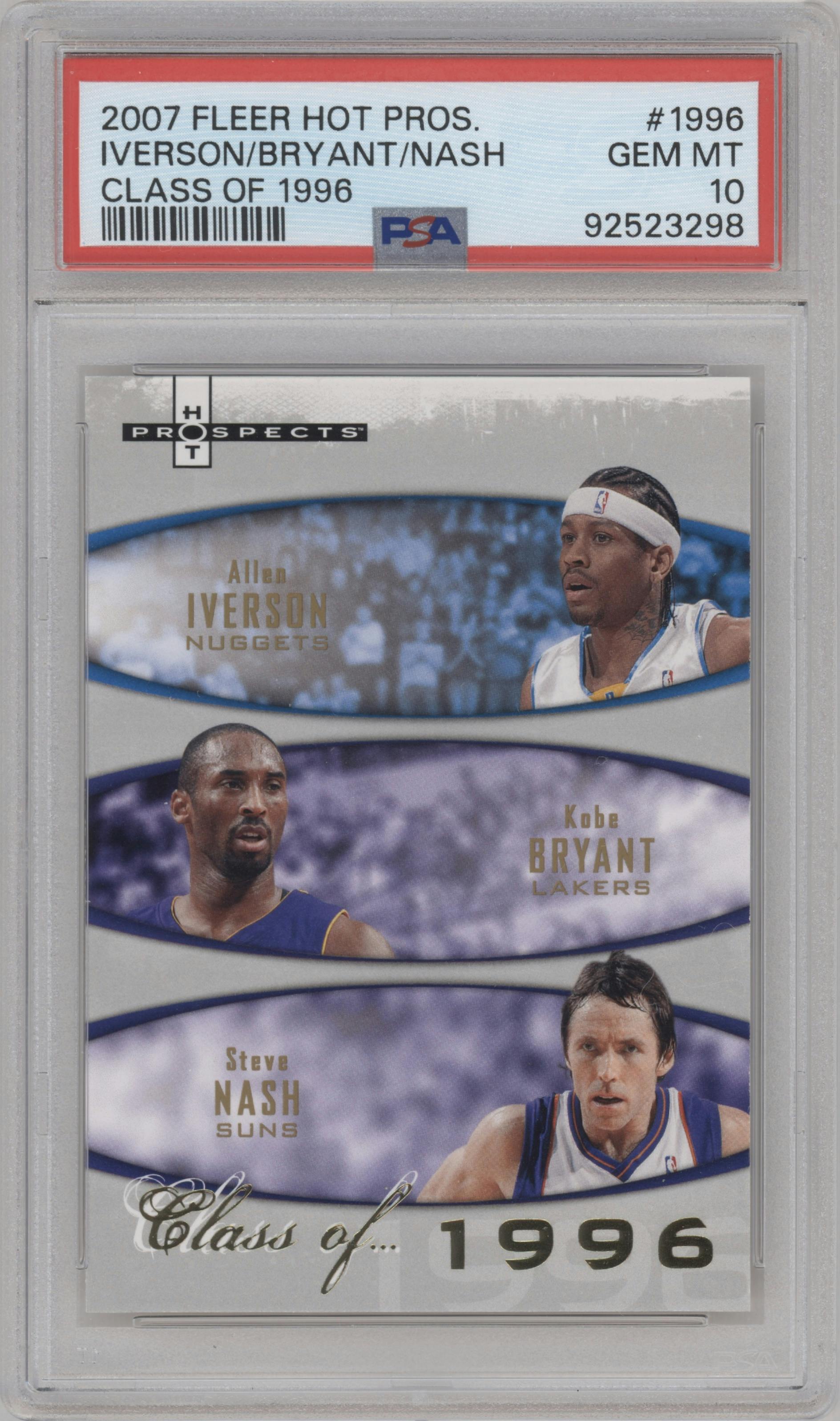 Allen Iverson/Kobe Bryant/Steve Nash from the 2007-08 Fleer Hot Prospects set graded by PSA and given an overall grade of 10.