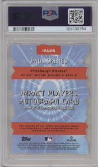 Paul Skenes from the 2024 Bowman's Best set featuring a Lava Refractor parallel graded by PSA and given an overall grade of 8.