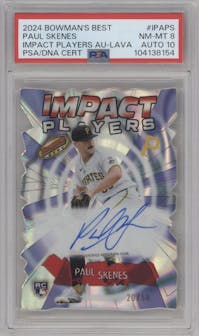Paul Skenes from the 2024 Bowman's Best set featuring a Lava Refractor parallel graded by PSA and given an overall grade of 8.