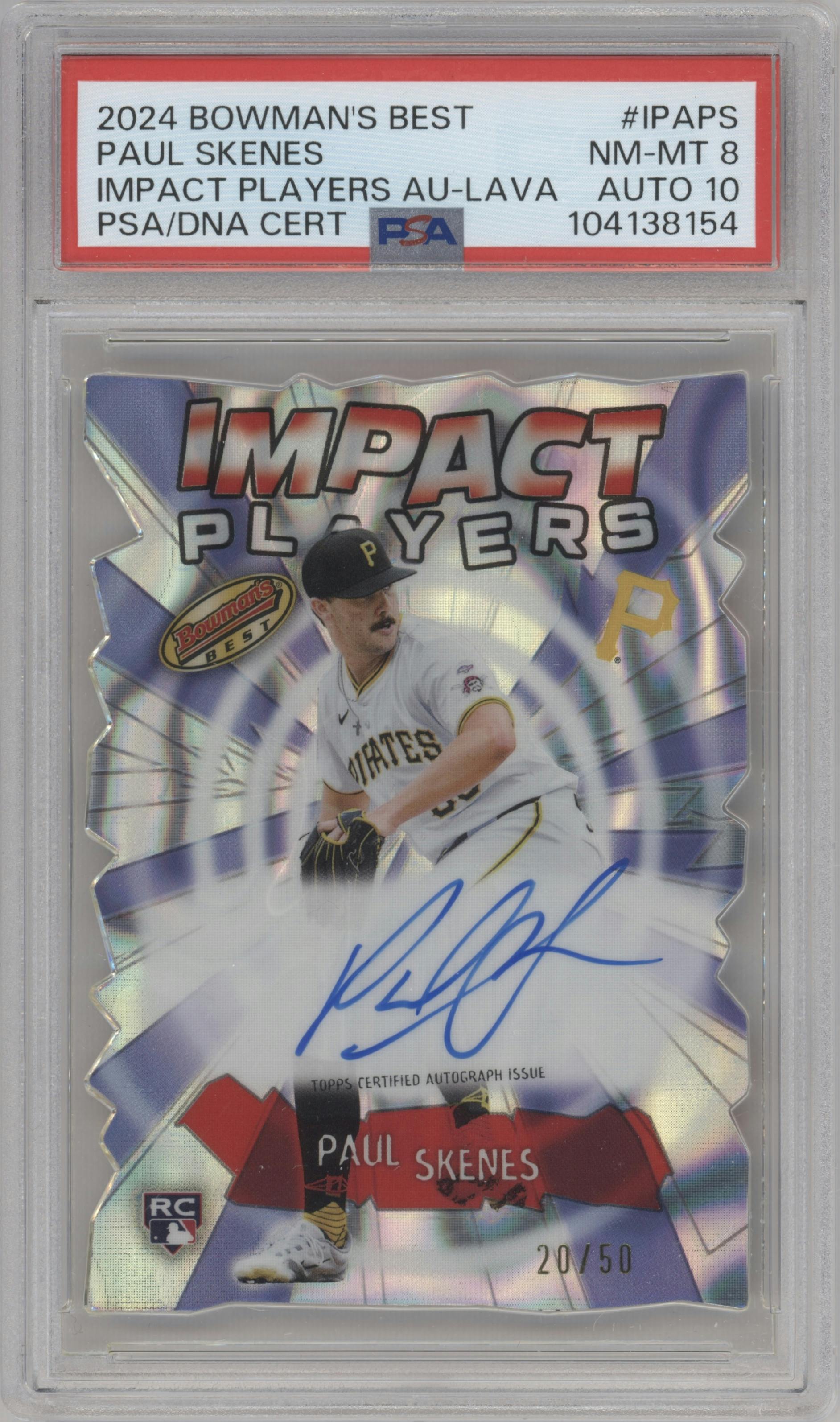 Paul Skenes from the 2024 Bowman's Best set featuring a Lava Refractor parallel graded by PSA and given an overall grade of 8.