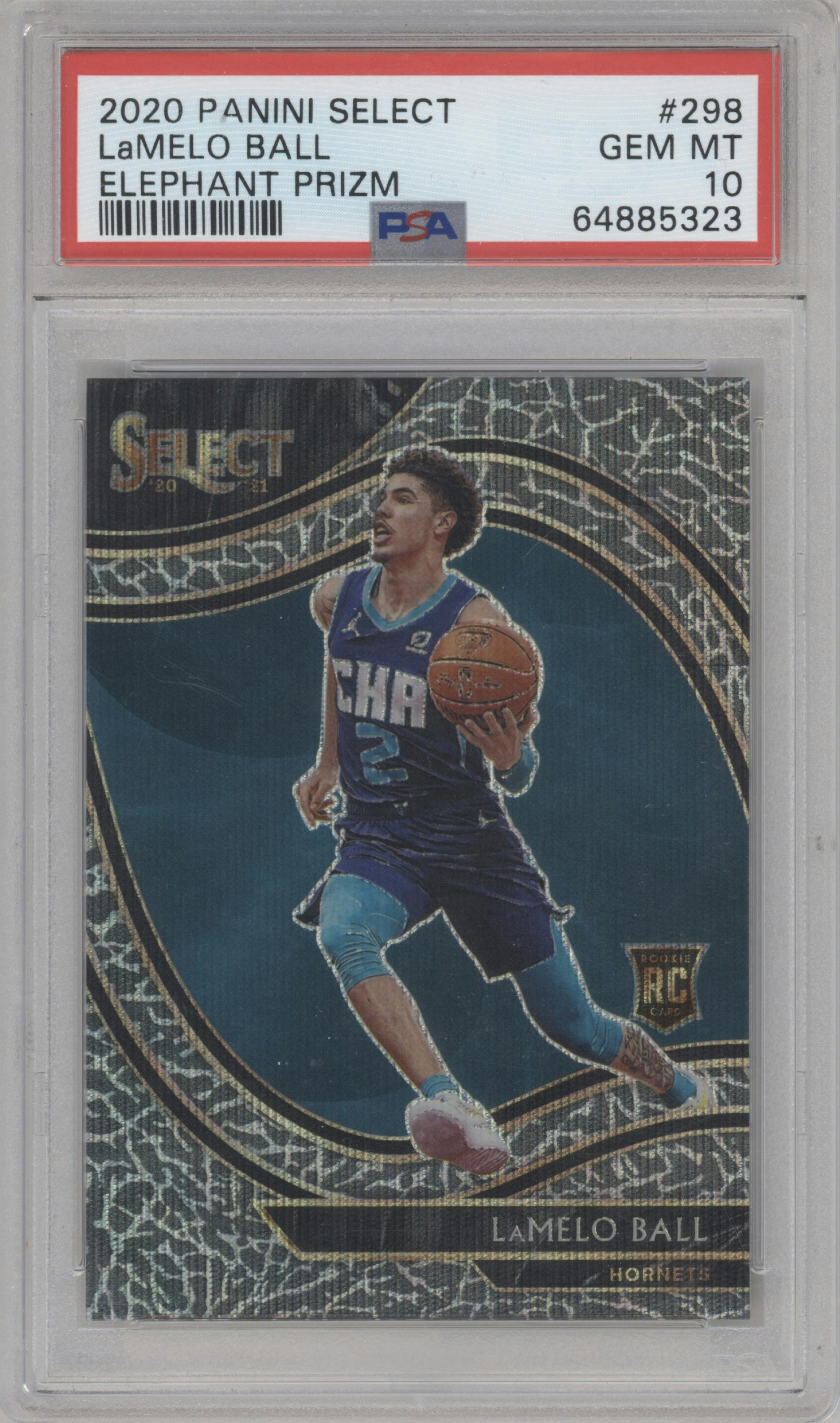 LaMelo Ball from the 2020-21 Panini Select  set featuring a Elephant parallel graded by PSA and given an overall grade of 10.