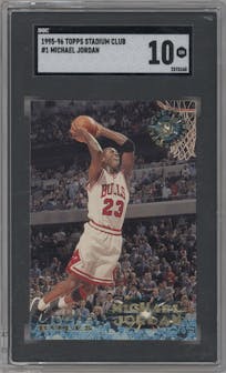 Michael Jordan from the 1995-96 Topps Stadium Club set graded by SGC and given an overall grade of 10.