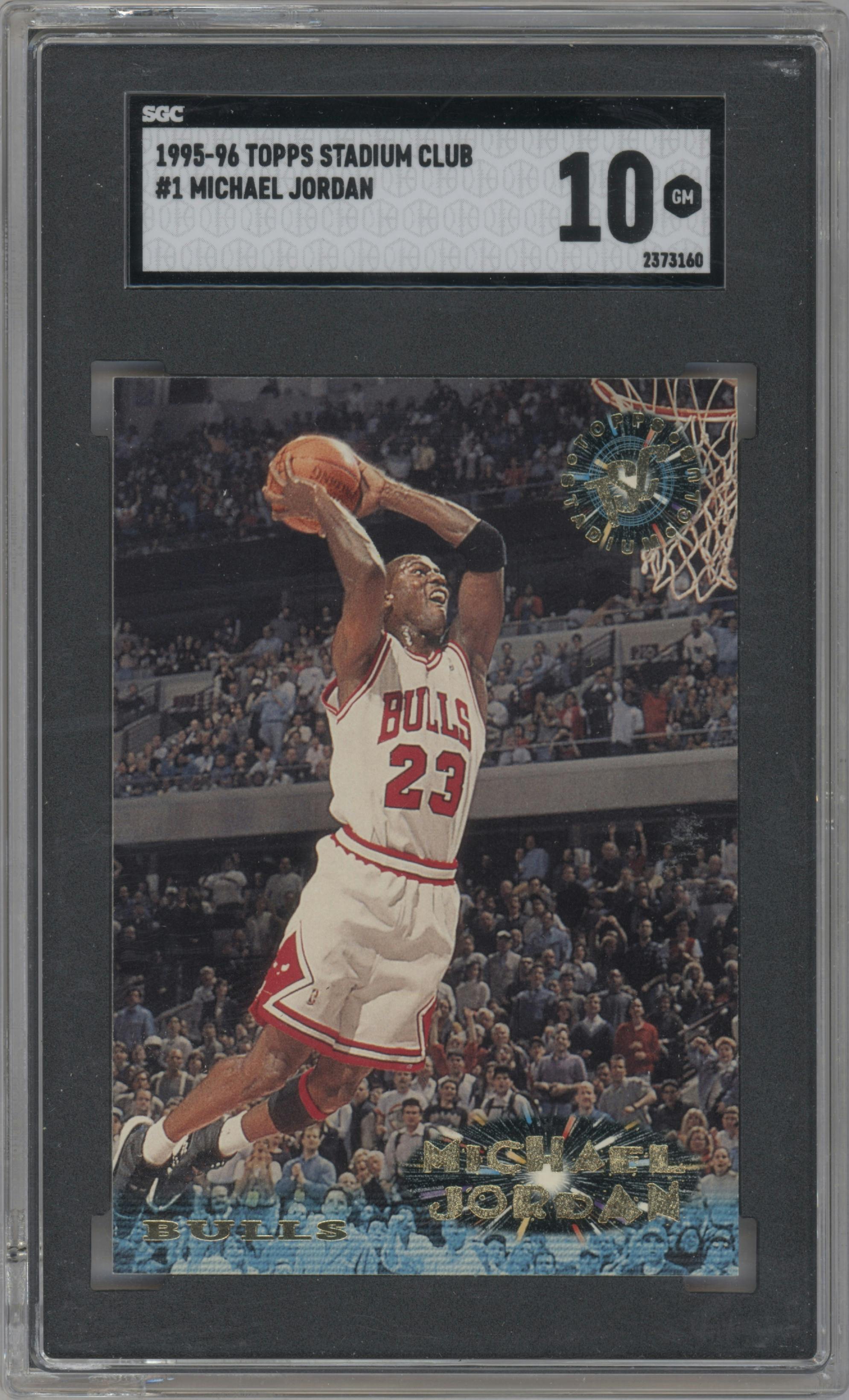Michael Jordan from the 1995-96 Topps Stadium Club set graded by SGC and given an overall grade of 10.