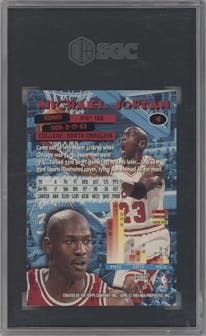 Michael Jordan from the 1995-96 Topps Stadium Club set graded by SGC and given an overall grade of 10.