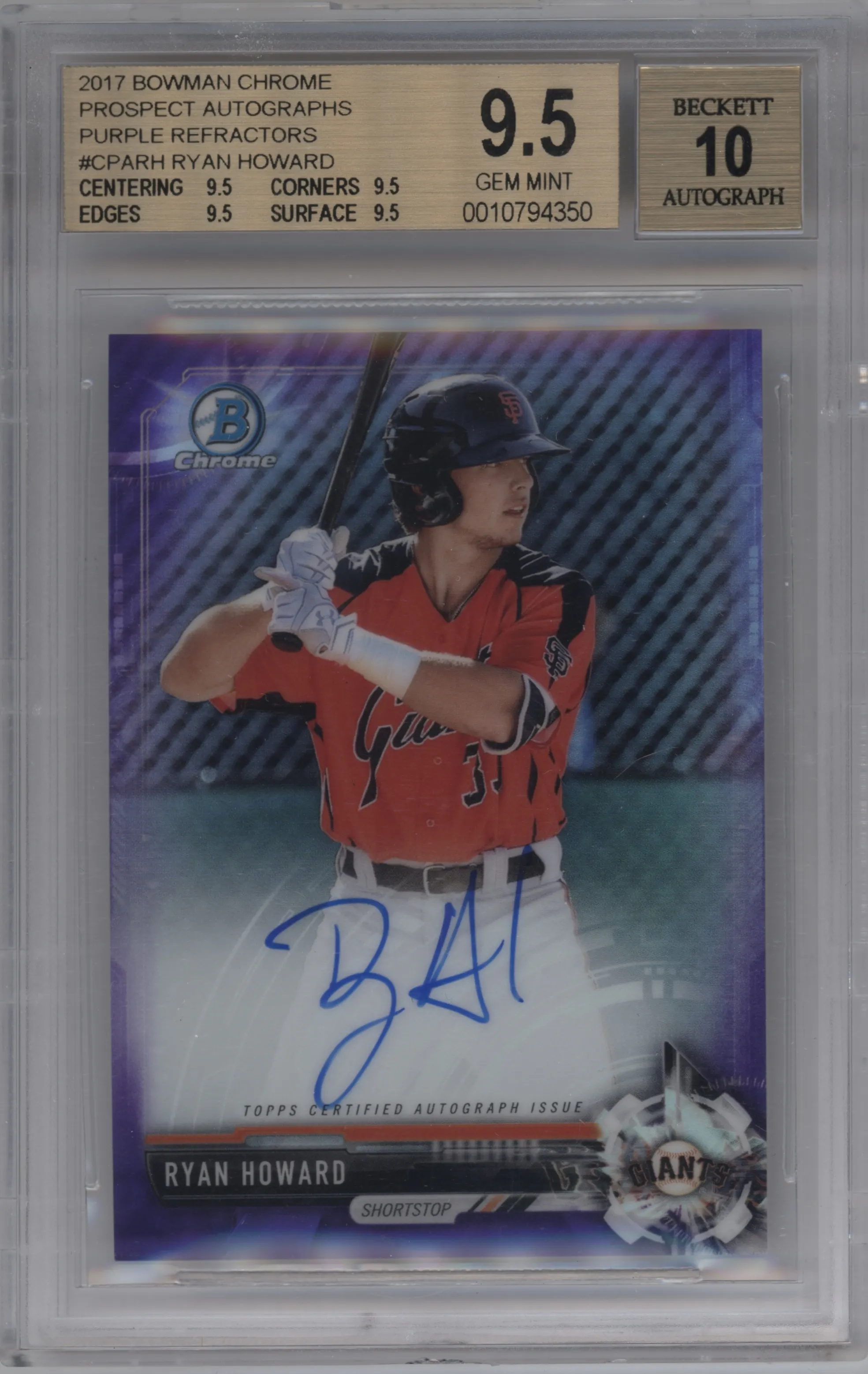 2017 Bowman Chrome Chr.Pros.Auto Ryan Howard Purple Refractor #CPA-RH BGS 9.5