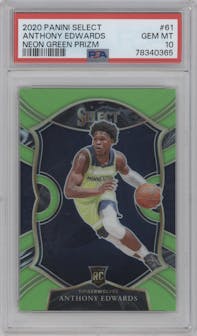 Anthony Edwards from the 2020-21 Panini Select  set featuring a Neon Green parallel graded by PSA and given an overall grade of 10.