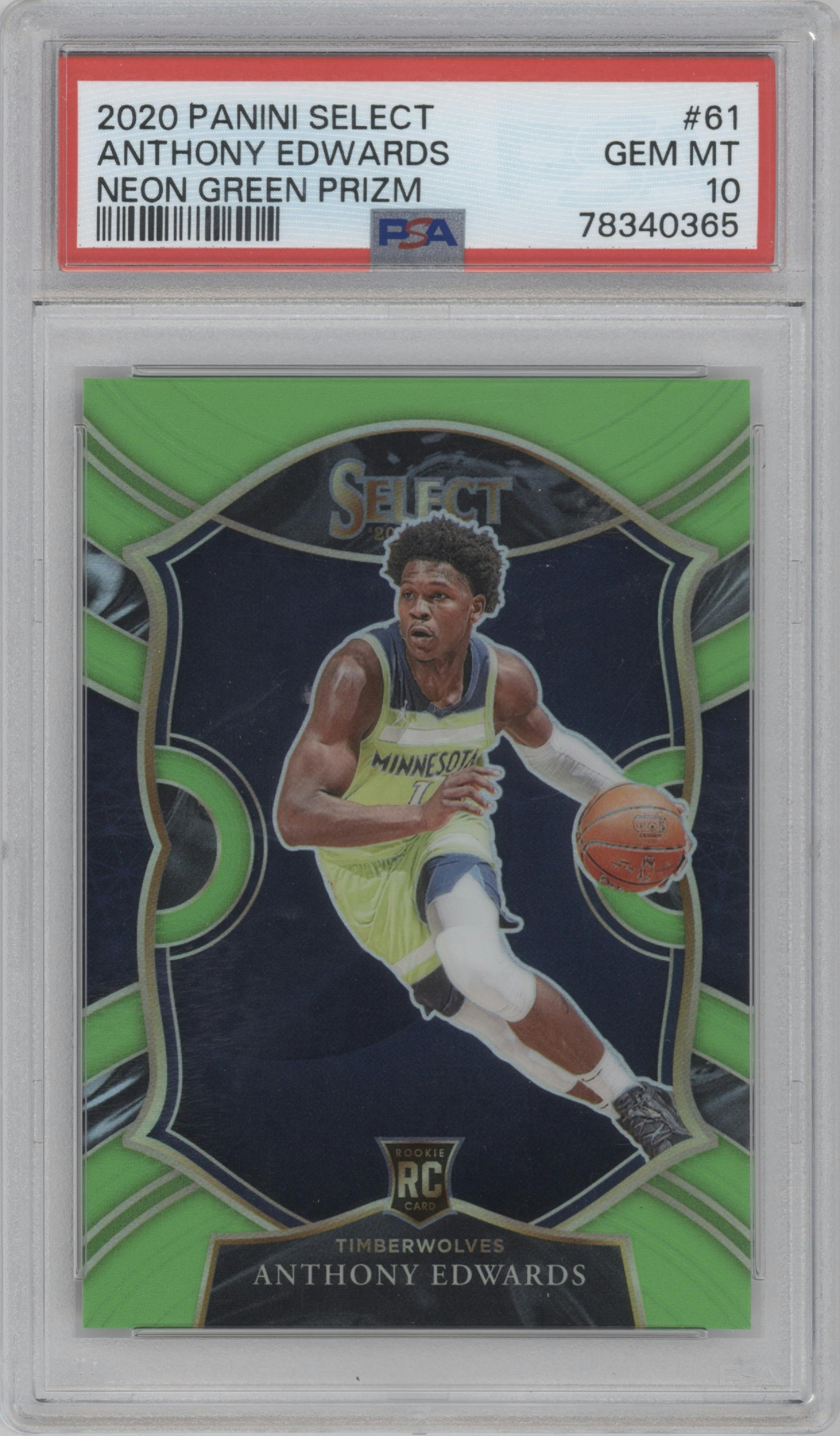 Anthony Edwards from the 2020-21 Panini Select  set featuring a Neon Green parallel graded by PSA and given an overall grade of 10.