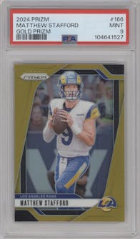 Matthew Stafford from the 2024 Panini Prizm set featuring a Gold Prizm parallel graded by PSA and given an overall grade of 9.