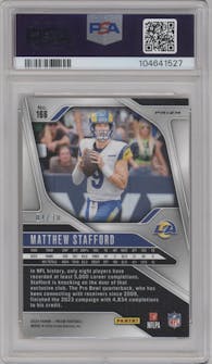 Matthew Stafford from the 2024 Panini Prizm set featuring a Gold Prizm parallel graded by PSA and given an overall grade of 9.